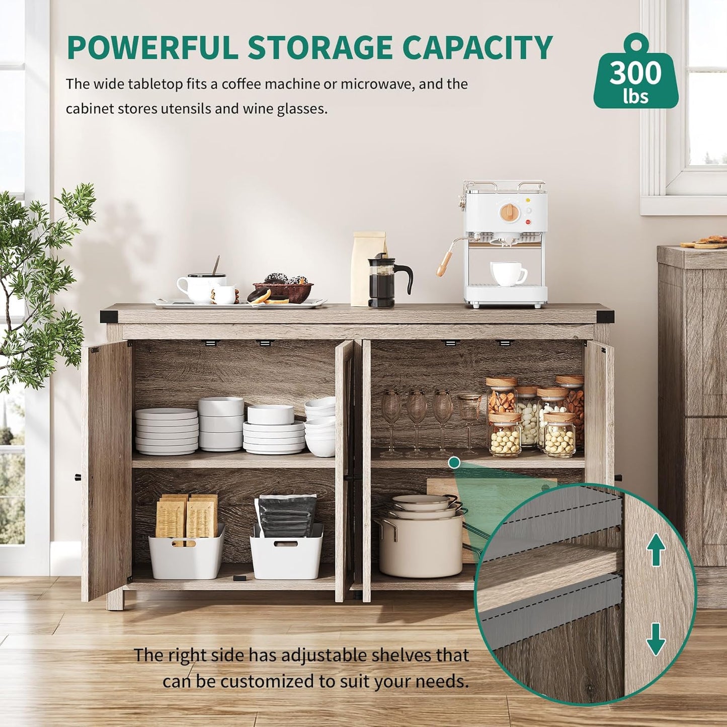 YITAHOME Buffet Cabinet with Storage, 55'' Modern Farmhouse Coffee Bar Cabinet w/4 Doors ＆Adjustable Shelf, Wood Large Kitchen Storage Cabinet with Barn Doors for Kitchen, Living Room, Grey-Brown