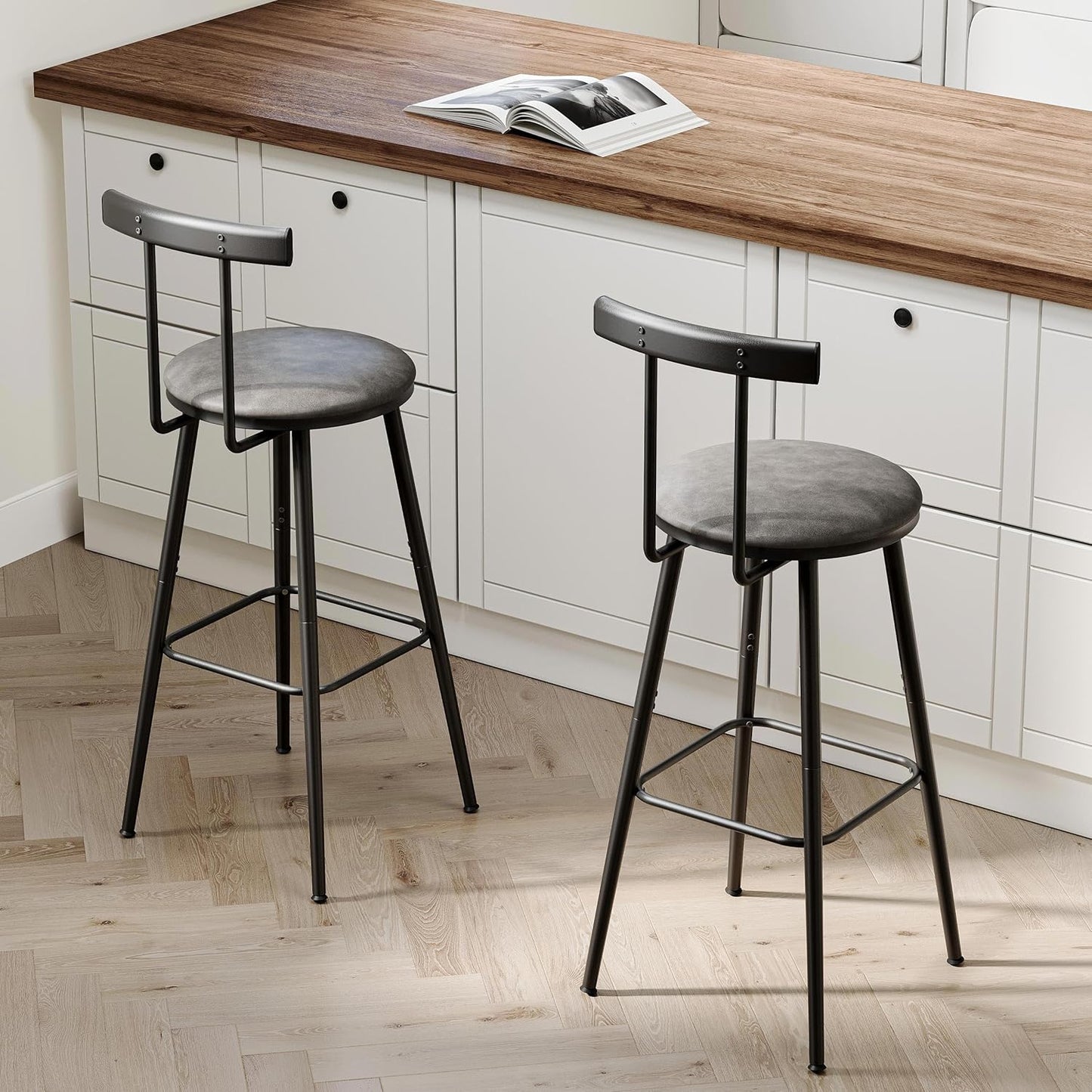 Bar Stools, Set of 2 High Kitchen Barstools, Bar Chairs with Backrest and Footrest, Industrial Counter Stools with PU Soft seat, for Kitchen, Living Room, Pub, Grey BS-013GR