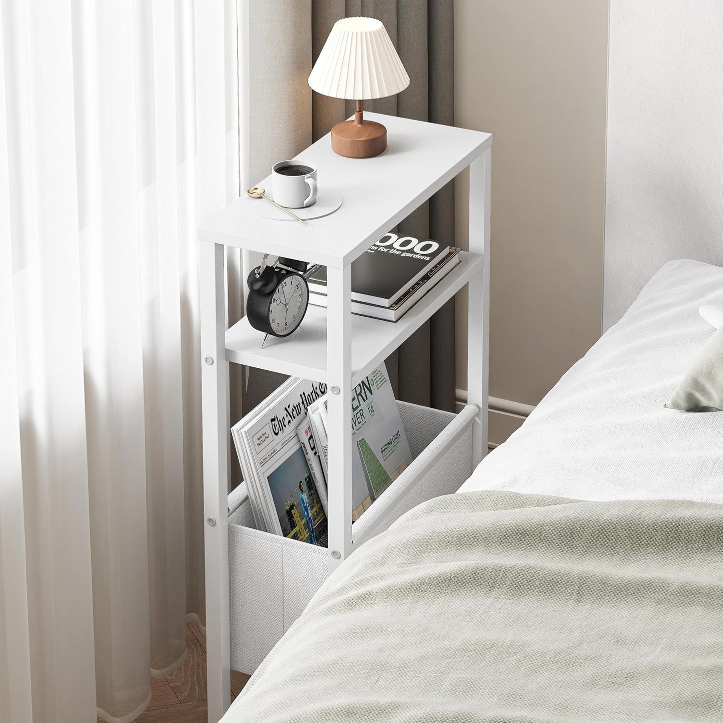 Narrow Side Table, Slim End Table with Magazine Rack, Bedside Table for Small Spaces, 3 Tier Sofa Couch Table Nightstand for Living Room, Bedroom, White LET503W