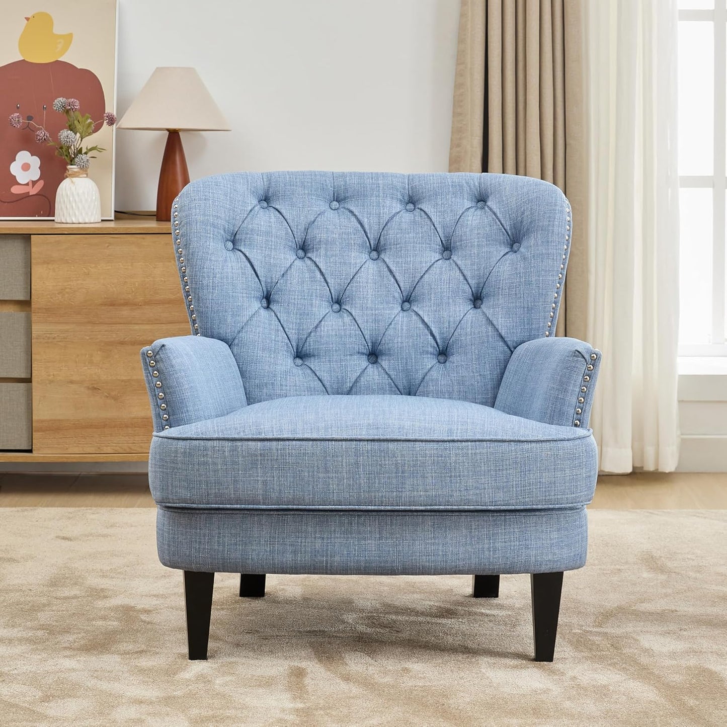Ball & Cast Accent Chair,Mid-Century Lounge Living Room Chairs with Button Tufting,Upholstered Reading Accent Chair W/Solid Wood Legs and Curved Backrest,for Bedroom,Apartment,Light Blue