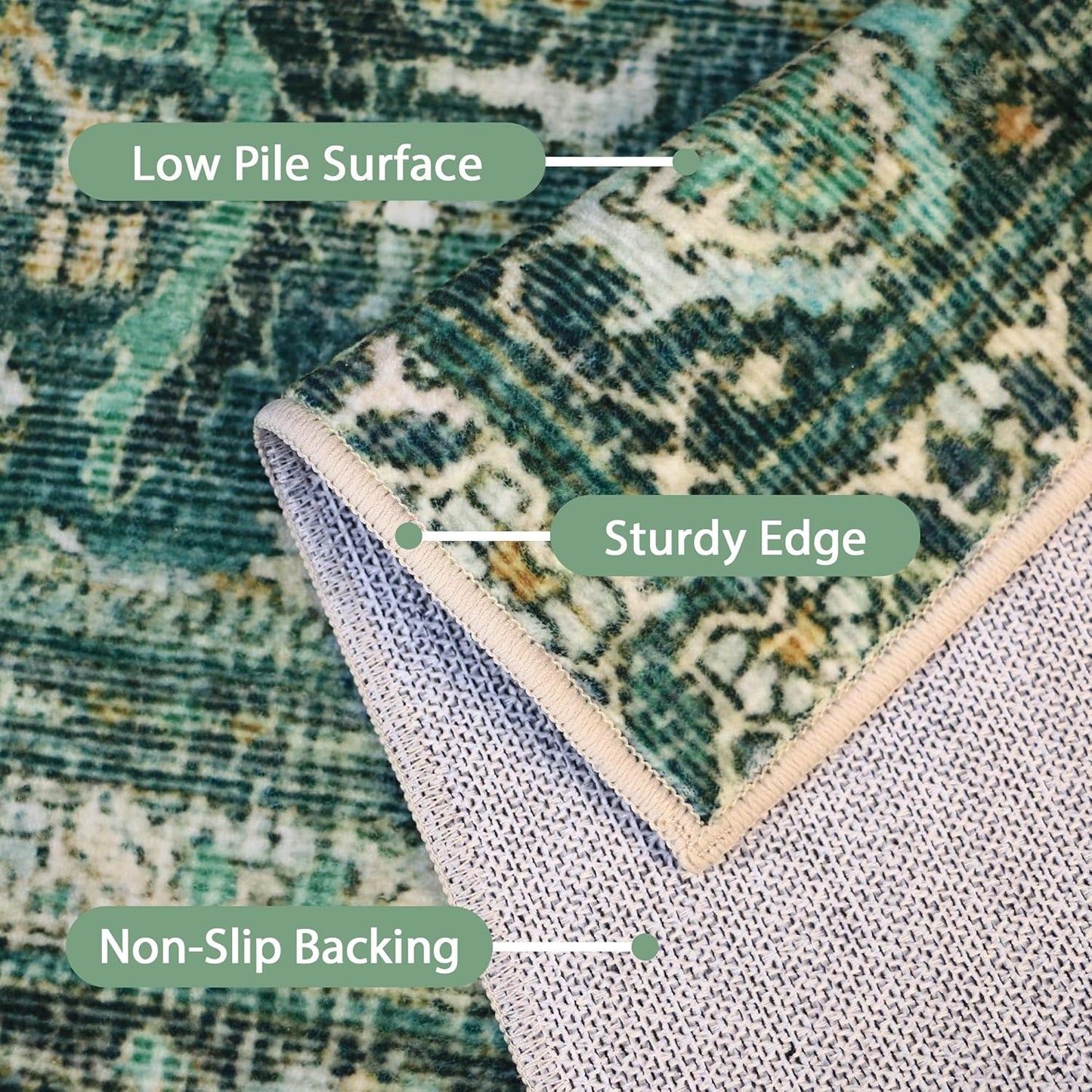 8X10 Area Rugs Machine Washable Rugs for Living Room, Vintage Boho Large Rugs for Bedroom Dining Room, Non Slip Indoor Soft Distressed Lightweight Thin Low Pile Carpet, Turquoise