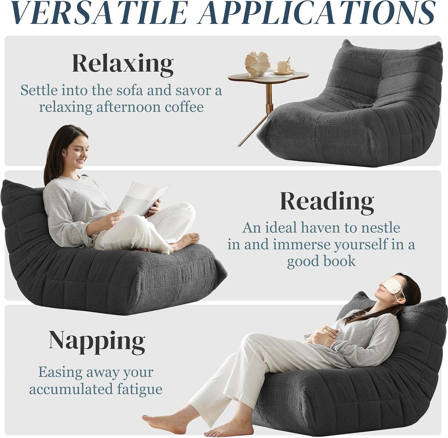 Bean Bag Chair, Fireside Chair Bean Bag Sofa for Adults, Bean Bag Chairs for Teens with High-Resilience Foam, Memory Foam & Non-Slip Base Bean Bag for Living Room, Bedroom, Office (Teddy, Dark Gray)