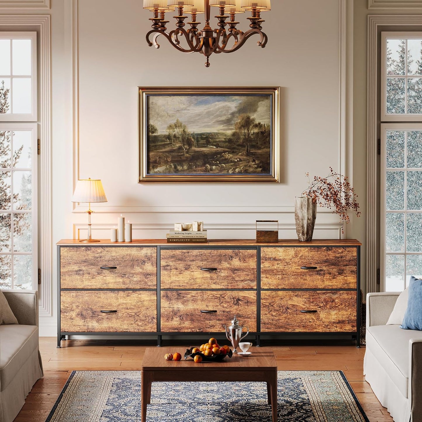 Huuger 63 Inch Long Dresser for Bedroom, Wide TV Stand for 55, 65, 70 Inch TV, 6 Drawer Dresser for Closet with Fabric Drawers, Storage Organizer for Bedroom, Entryway, Rustic Brown