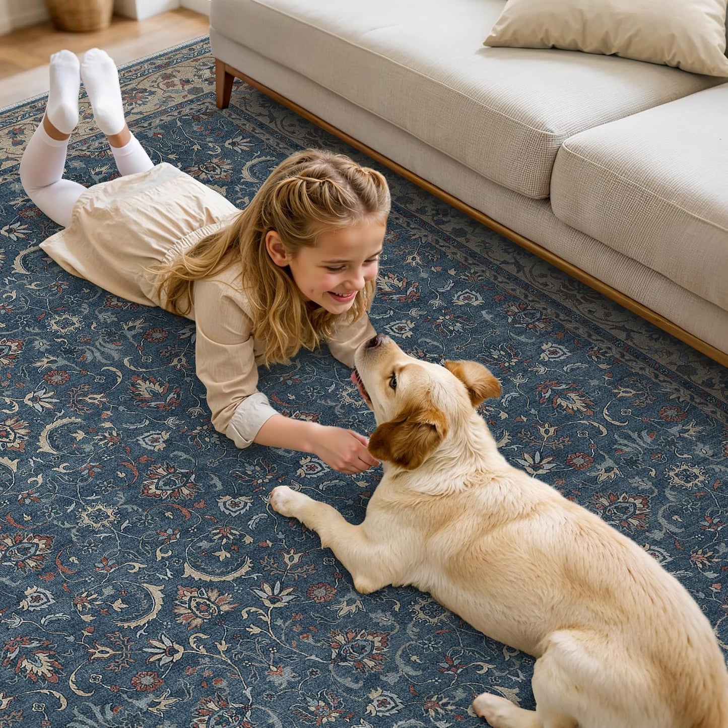 8X10 Area Rugs Machine Washable Rugs for Living Room, Vintage Boho Large Rugs for Bedroom Dining Room, Non Slip Indoor Soft Distressed Lightweight Thin Low Pile Carpet, Indigo