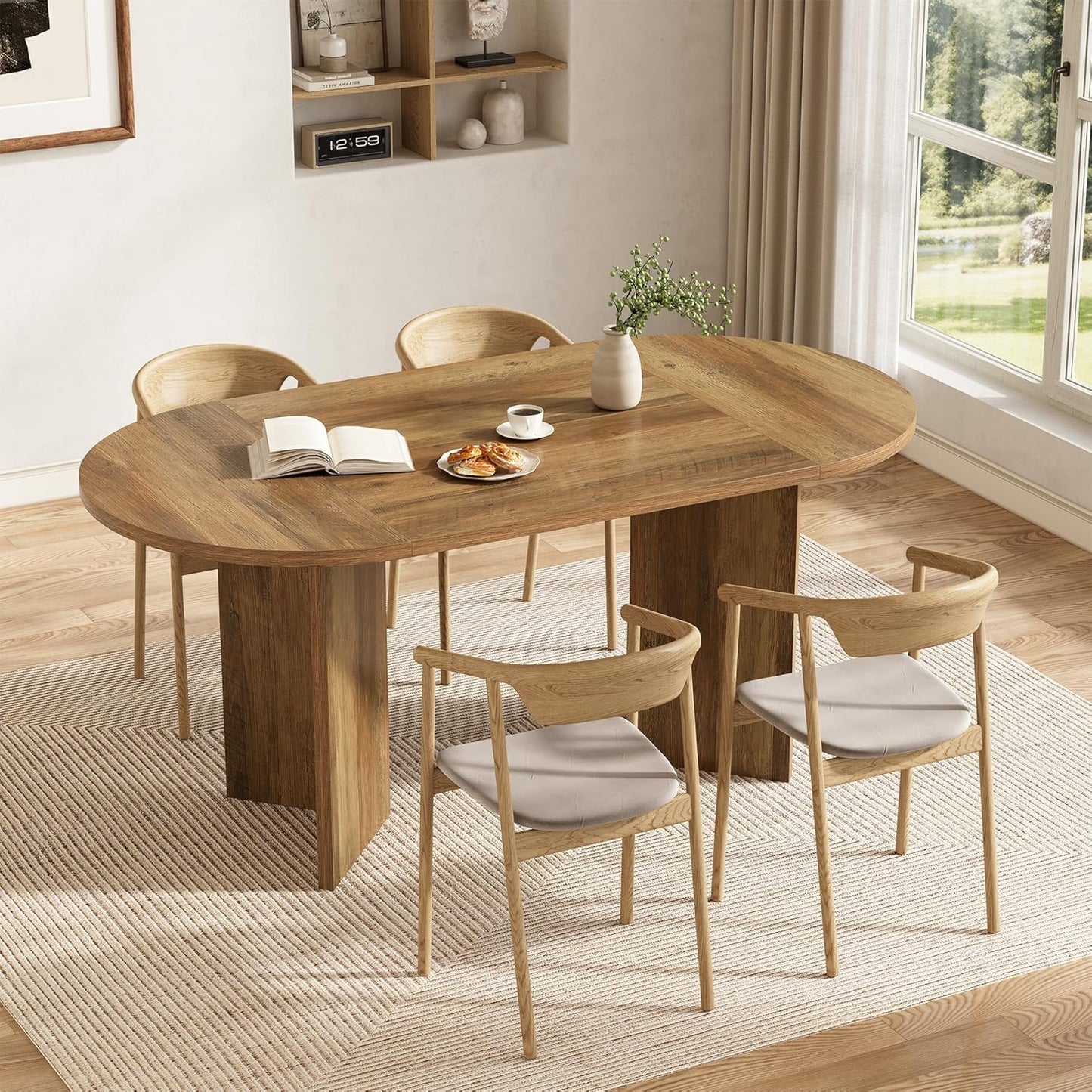 LITTLE TREE 63" Rustic Oval Dining Table for 4-6, Sturdy MDF Farmhouse Kitchen Table with Metal Strip Base, for Living Room, Office, Restaurant, Multi-Use, Umber