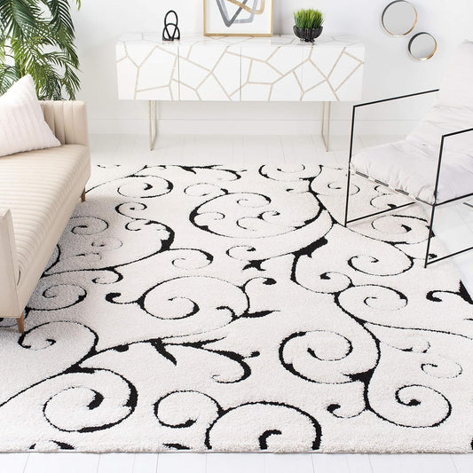SAFAVIEH Florida Shag Collection Area Rug - 9' Square, Ivory & Black, Scroll Design, Non-Shedding & Easy Care, 1.2-inch Thick Ideal for High Traffic Areas in Living Room, Bedroom (SG455-1290)