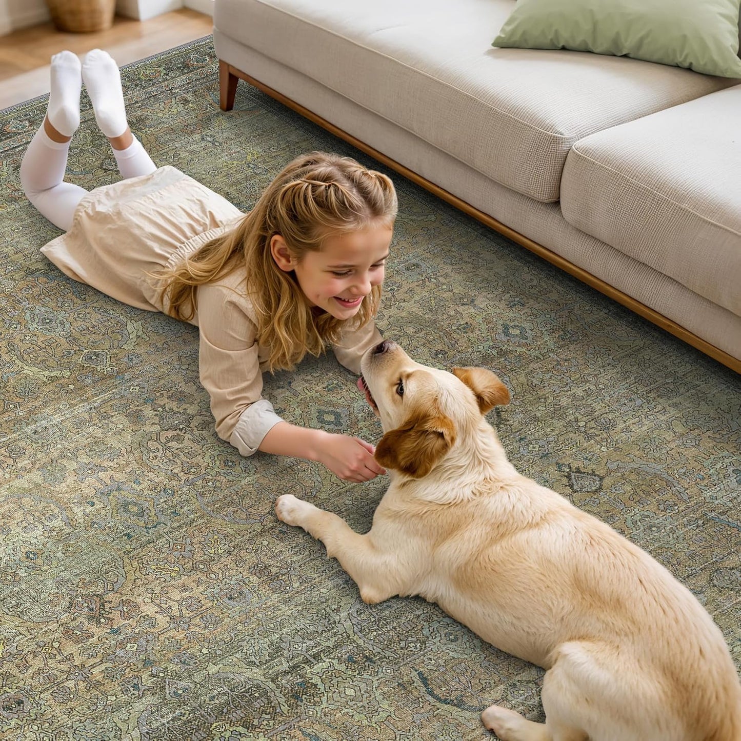 9X12 Area Rugs Machine Washable Rugs for Living Room, Vintage Boho Large Rugs for Bedroom Dining Room, Non Slip Indoor Soft Distressed Lightweight Thin Low Pile Carpet, Vintage Sunset