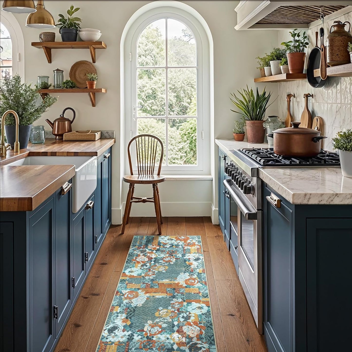 GENIMO Floral Runner Rug 2X6, Machine Washable Non Slip Vintage Patchwork Hallway Runner, Ultra-Thin Low Pile Runners for Indoor Entryway, Hallway, Kitchen and Corridor, Navy Blue