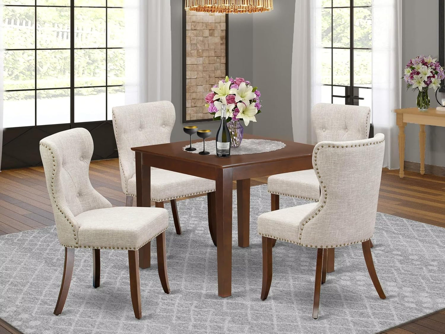 East West Furniture OXSI5-MAH-35 5 Piece Kitchen Table & Chairs Set Includes a Square Dining Room Table and 4 Doeskin Linen Fabric Parson Dining Chairs, 36x36 Inch, Mahogany