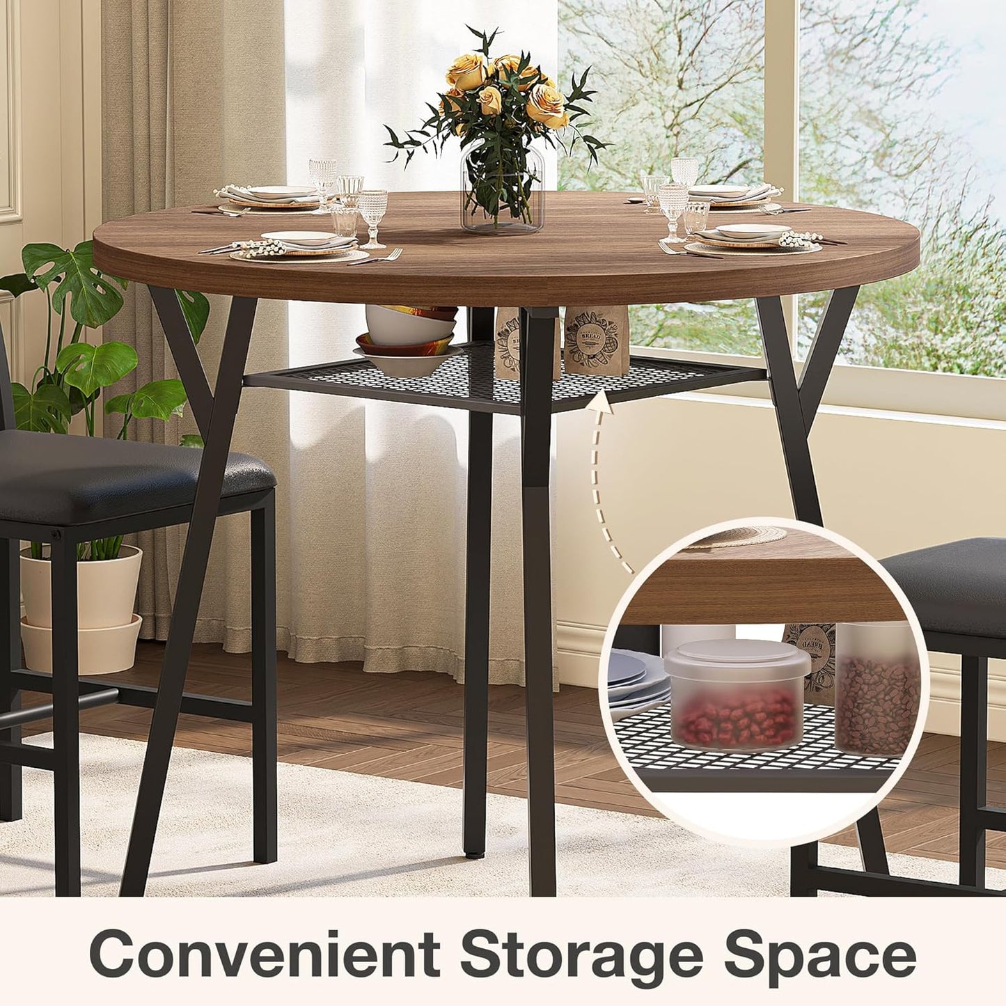 Pamapic Round Dining Table Set for 4, Kitchen Table and Chairs for 4, Dining Room Circle Dinner Pedestal Table, Solid Metal Frame,Space Saving Wood Kitchen & Dining Room Furniture,Walnut