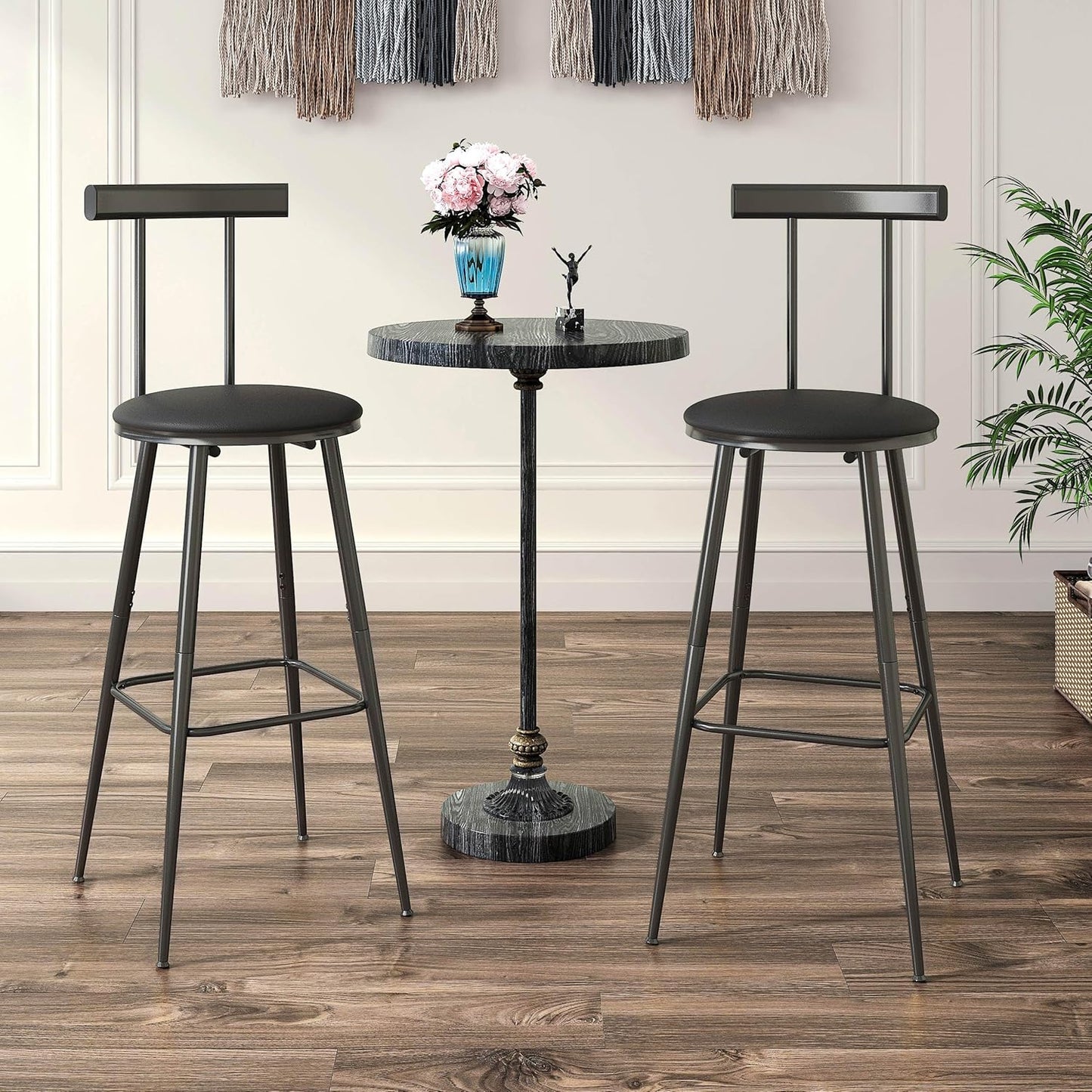 Bar Stools, Set of 2 High Kitchen Barstools, Bar Chairs with Backrest and Footrest, Industrial Counter Stools with PU Soft seat, for Kitchen, Living Room, Pub, Black BS-013BK