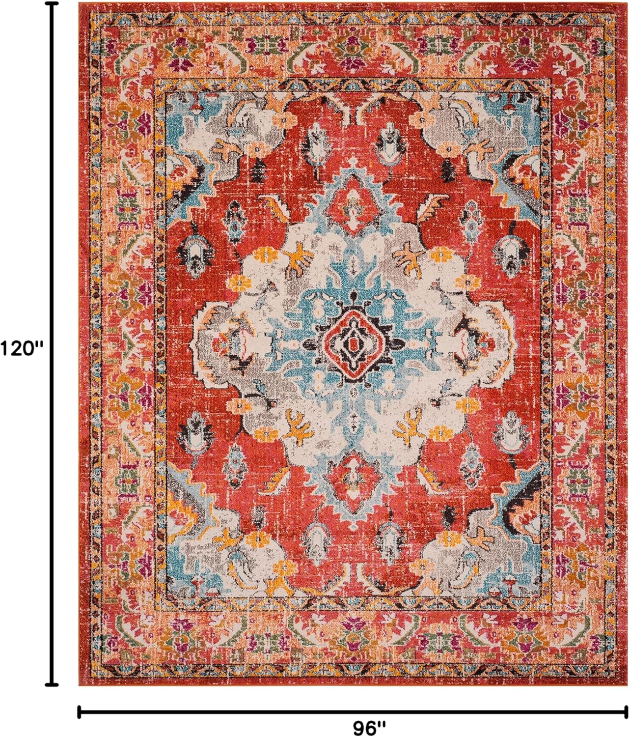 SAFAVIEH Monaco Collection Area Rug - 8' x 10', Orange & Light Blue, Boho Chic Medallion Distressed Design, Non-Shedding & Easy Care, Ideal for High Traffic Areas in Living Room, Bedroom (MNC243H)