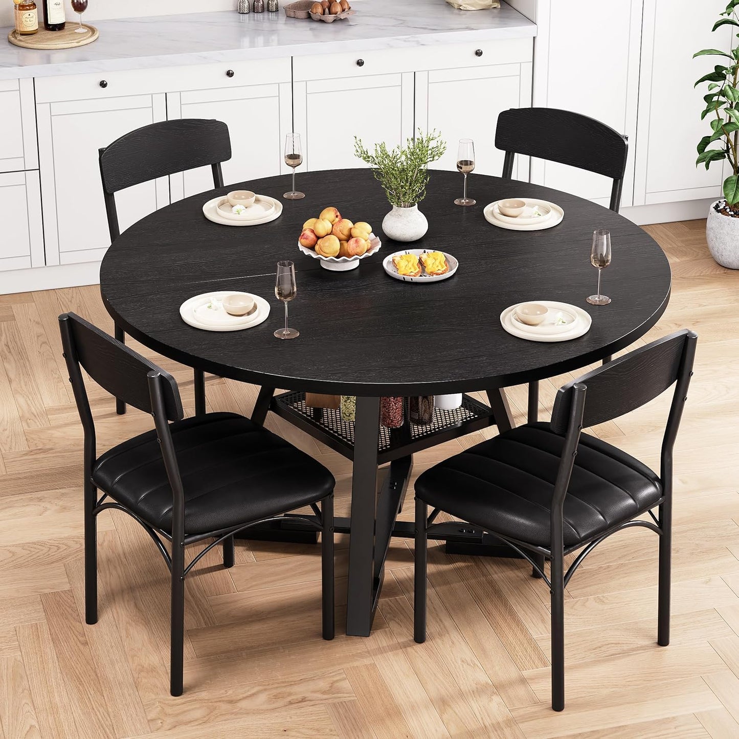 51‘’ Round Dining Table Set for 4, Kitchen Table and Chairs for 4, Circle Table Round Pedestal Dining Room Dinner Dinette Table Set,5 Piece Space Saving Wood Kitchen & Dining Room Tables (Black, 51In)