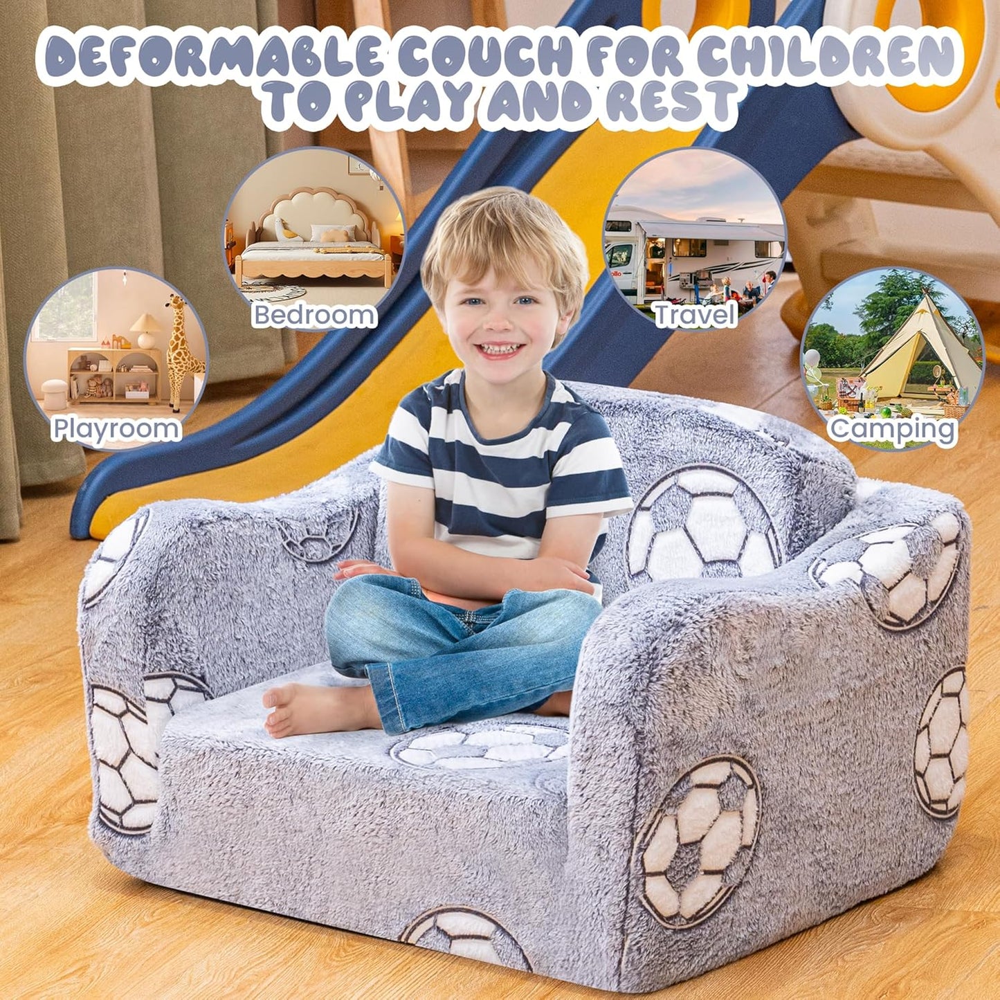 Lamerge 2-in-1 Toddler Couch,Glow in The Dark Baby Floor Bed,Foldable Toddler Chair Kids Sofa for playroom,Convertible Sofa to Lounger for Girls and Boys (Grey and Football)