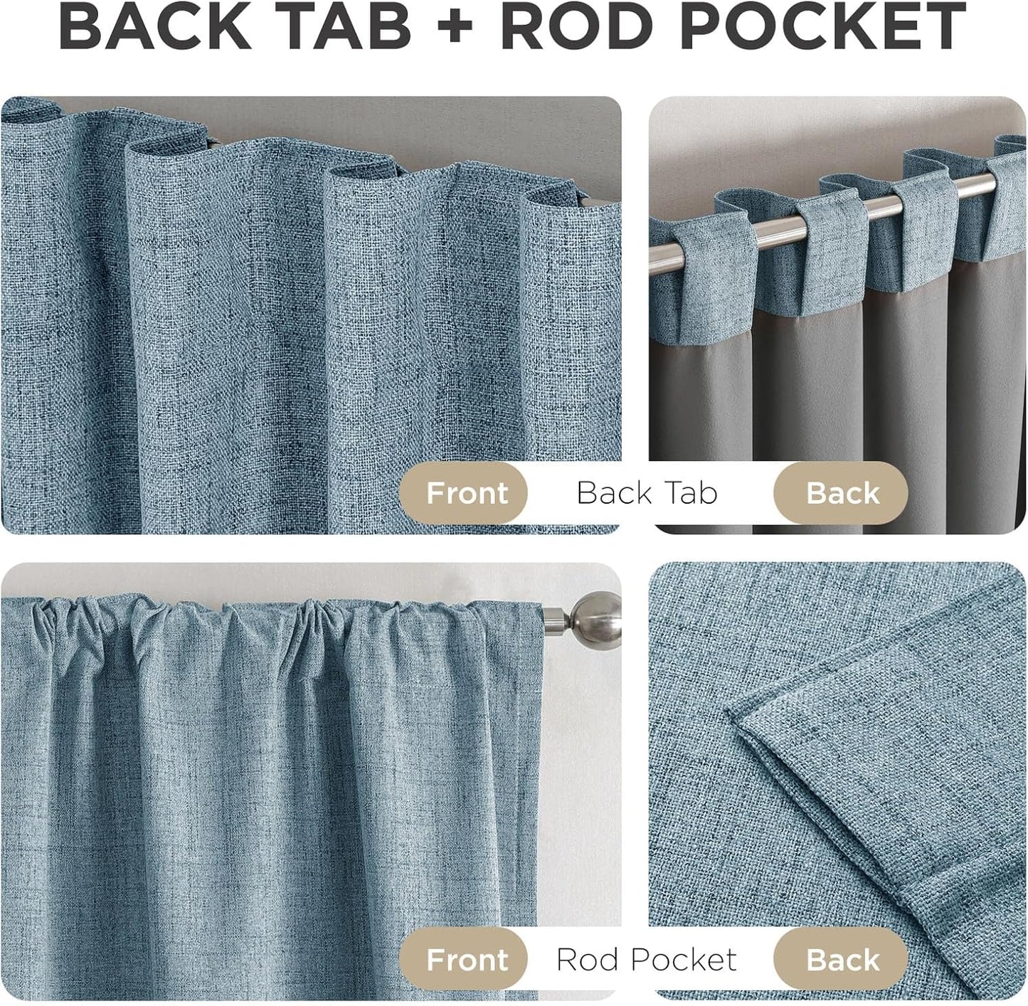 Joydeco 100% Blackout Curtains for Bedroom - Natural Linen Curtains 63" L Long, Thermal Insulated 2 Panels Sky Blue Light Blocking Drapes, Rod Pocket & Back Tabs, Darkening Privacy for Living Room