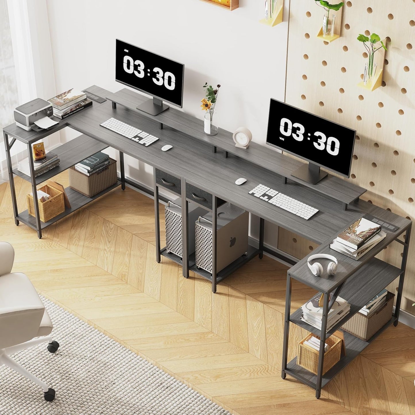 47" L Shaped Computer Desk with Power Outlet & LED Light, Gaming Desk with Hook & Monitor Stand, Reversible L Shaped Desk with Drawer and Storage Shelves for Home Office