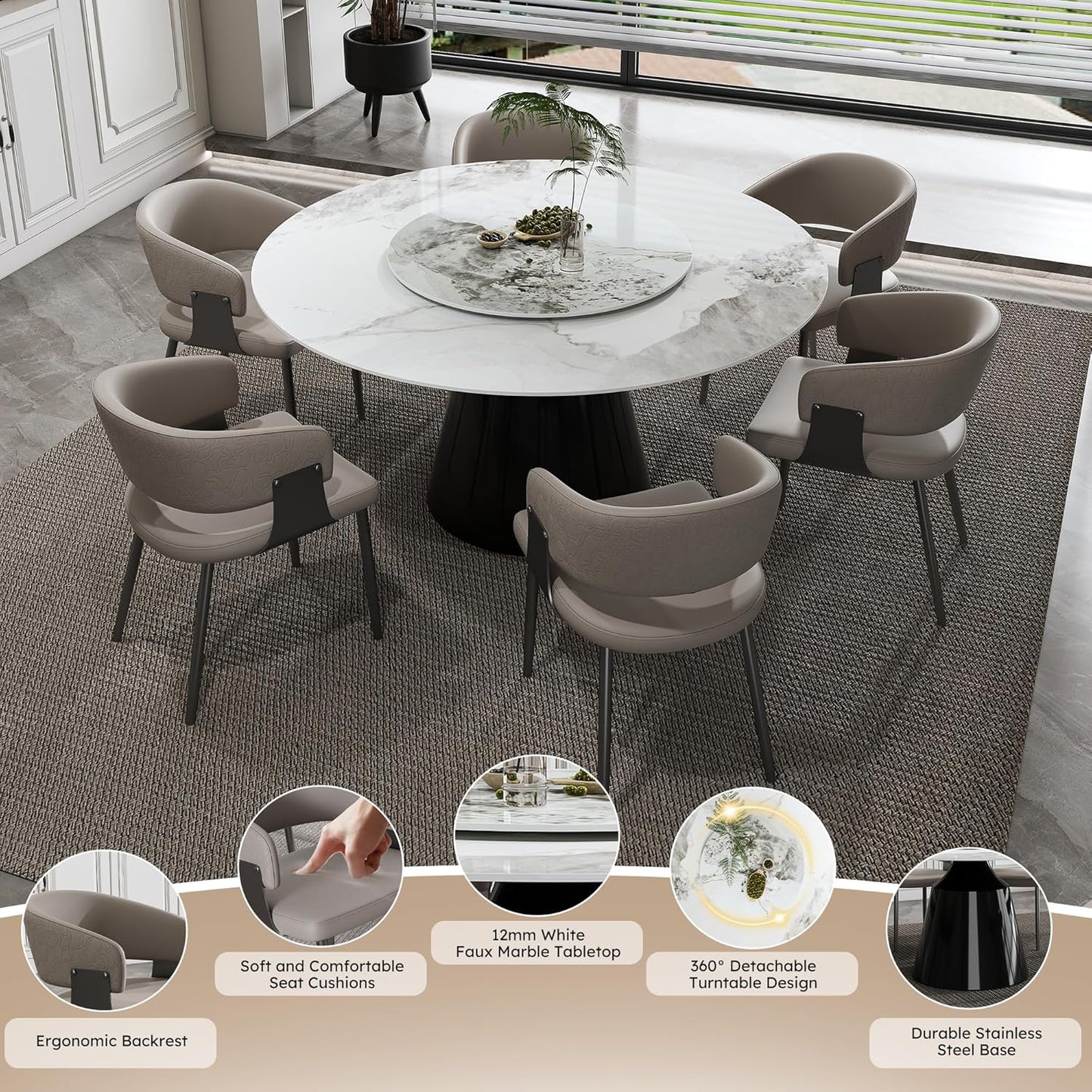 Ball & Cast 7-Piece Dining Set,Faux Marble Table with Detachable Rotating Tray & 6 PU Leather Chairs,Modern Kitchen Dining Room Table Set w/Stainless Steel Base,for Restaurant & Home,Grey