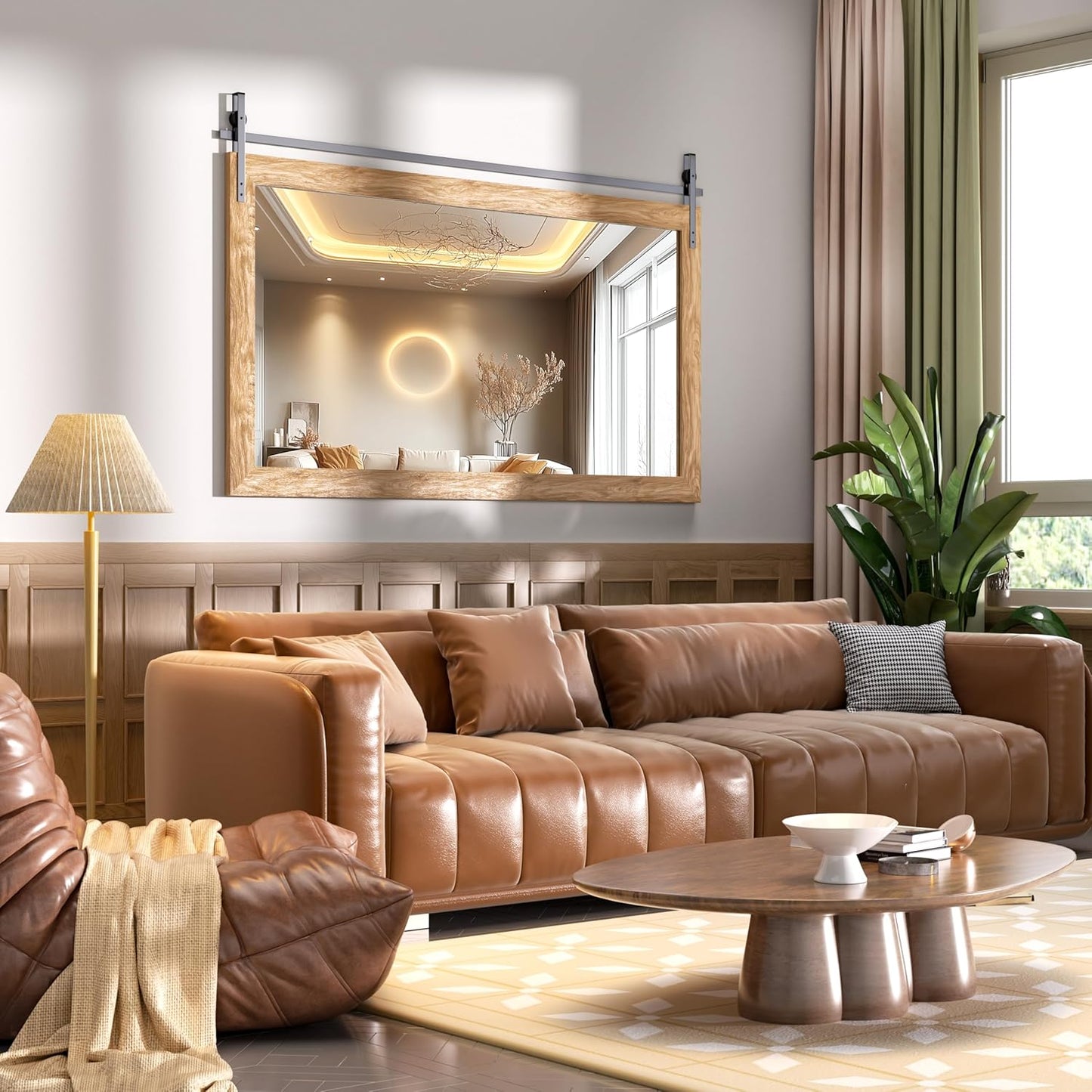 Hasipu Farmhouse Bathroom Mirror, 55"x36" Rustic Wood Framed Wall Mounted Mirror, Brown Vintage Vanity Mirror Barn Door Style Decrative Mirrors