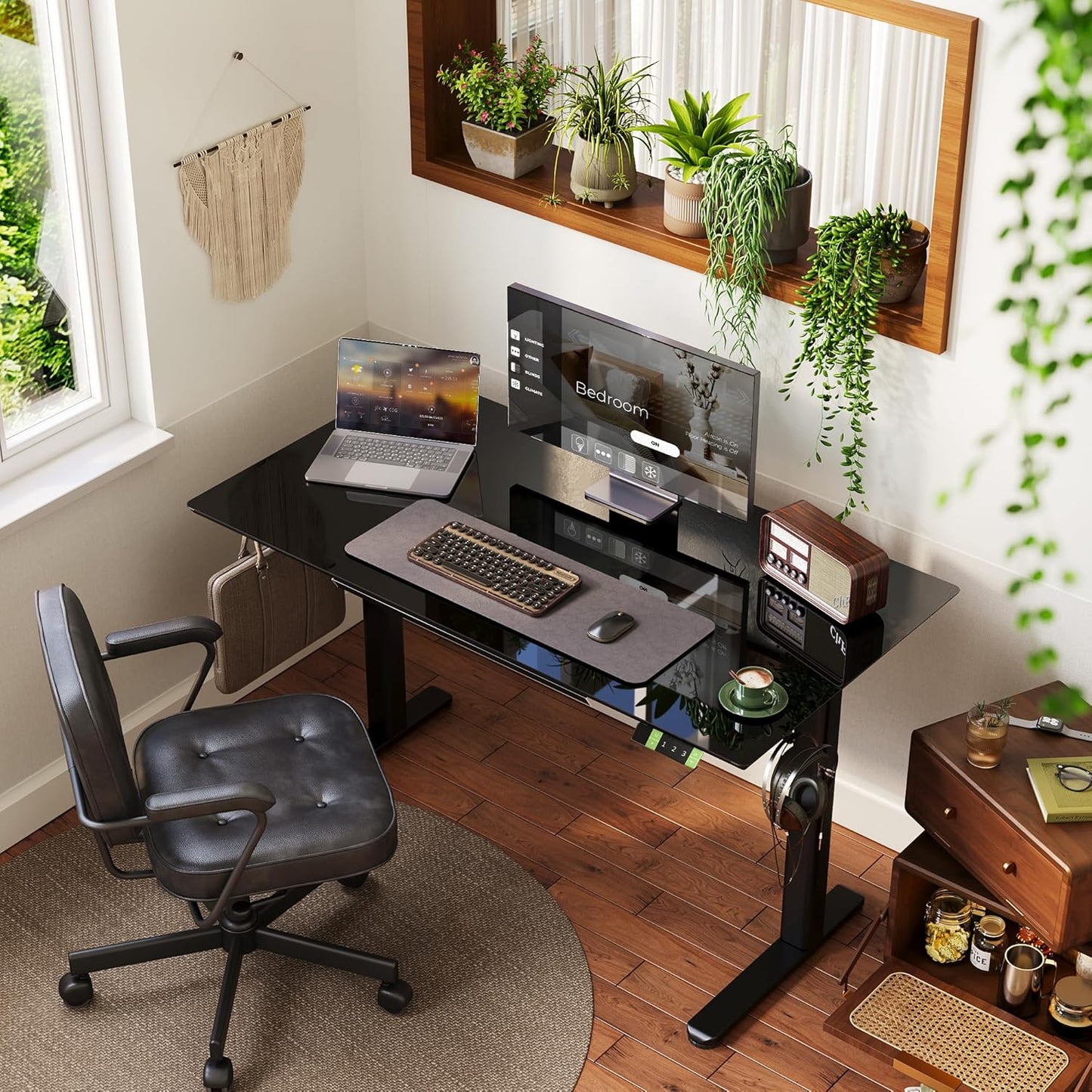 INNOVAR Glass Standing Desk with Drawers, 55×24 Inch Adjustable Stand Up Desk, Quick Install Home Office Computer Desk, Black