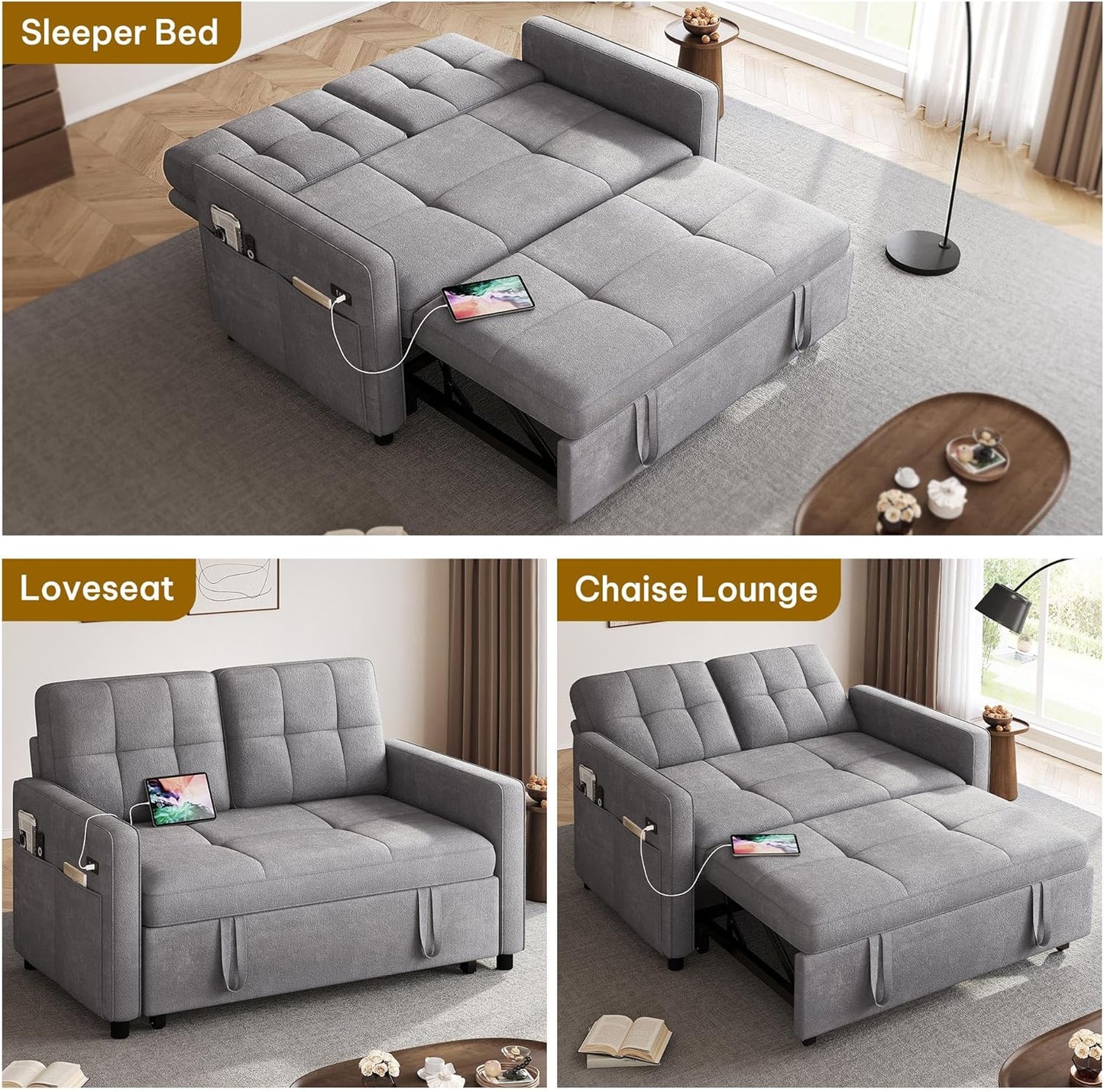 DWVO 55" Convertible Sofa Bed, 3-in-1 Sleeper Sofa with Pull-Out Couch, Velvet Futon Couch with Adjustable Backrest and USB, Modern Loveseat for Living Room Apartment, Light Grey