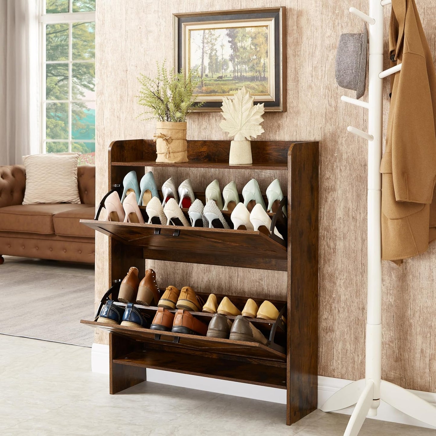 Shoe Storage Cabinet with 2 Flip Drawers, Freestanding Shoe Cabinet Organizer with Metal Flip Frame for Entryway, Hallway, Foyer, Vintage Color