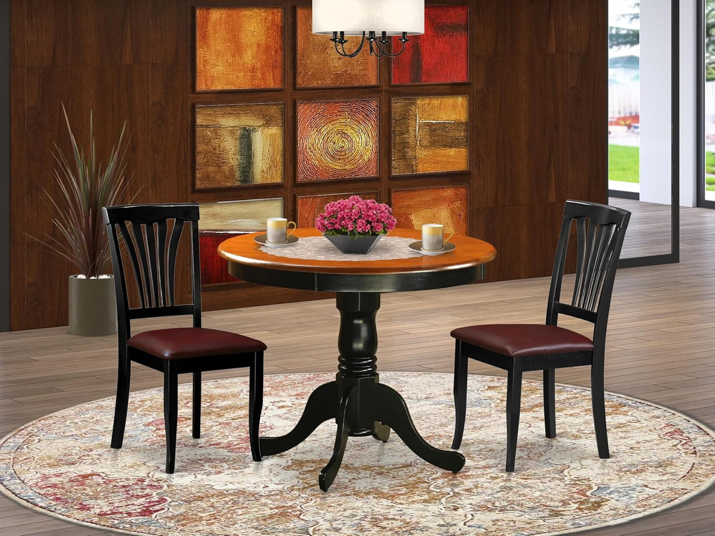 East West Furniture ANAV3-BLK-LC 3 Piece Dining Room Furniture Set Contains a Round Kitchen Table with Pedestal and 2 Faux Leather Upholstered Dining Chairs, 36x36 Inch, Black & Cherry