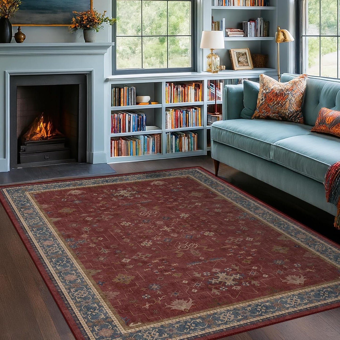 5x7 Boho Dark Red Rug for Living Room - Vintage Oriental Revival Low-Pile Carpet for Bedroom, Dining Table, Home Office, Machine Washable Area Rug Non-Slip with Rubber Back