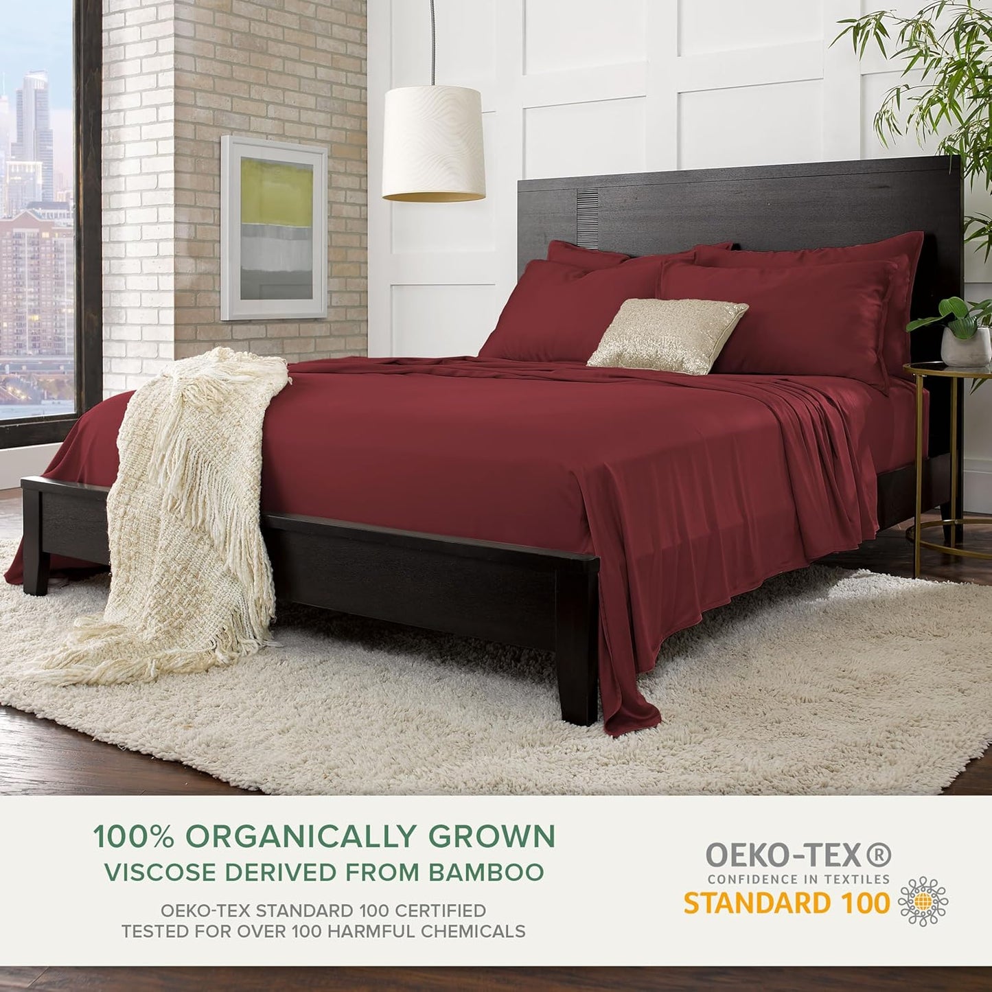 Queen Sheets by Pure Bamboo, Genuine 100% Organic Viscose Derived from Bamboo Bed Sheet Set, Luxuriously Soft & Cooling, Double Stitching, Lifetime Quality Promise (Queen, Merlot)