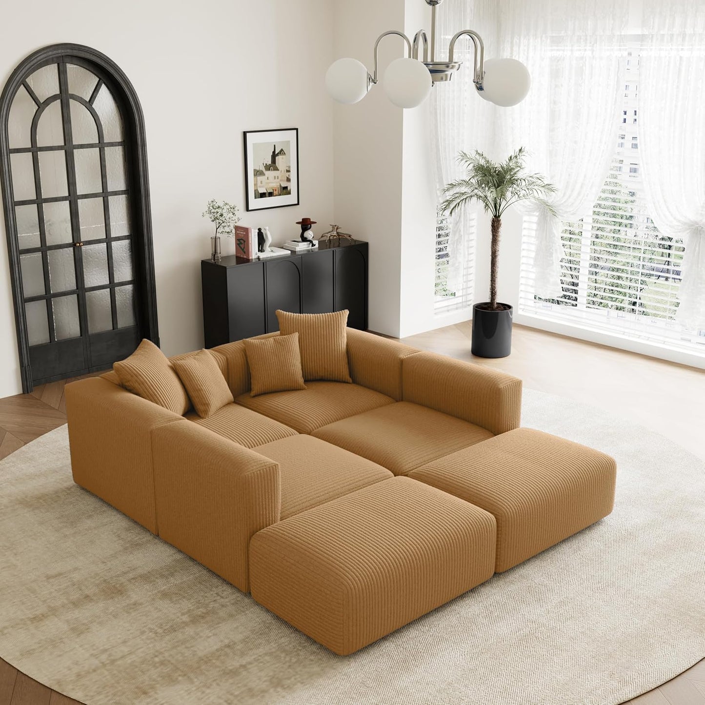 Acanva Convertible Modular Sectional Sofa with Movable Ottomans, Free Combination Corduroy Couch for Living Room Apartments, U-Shaped, Yellow