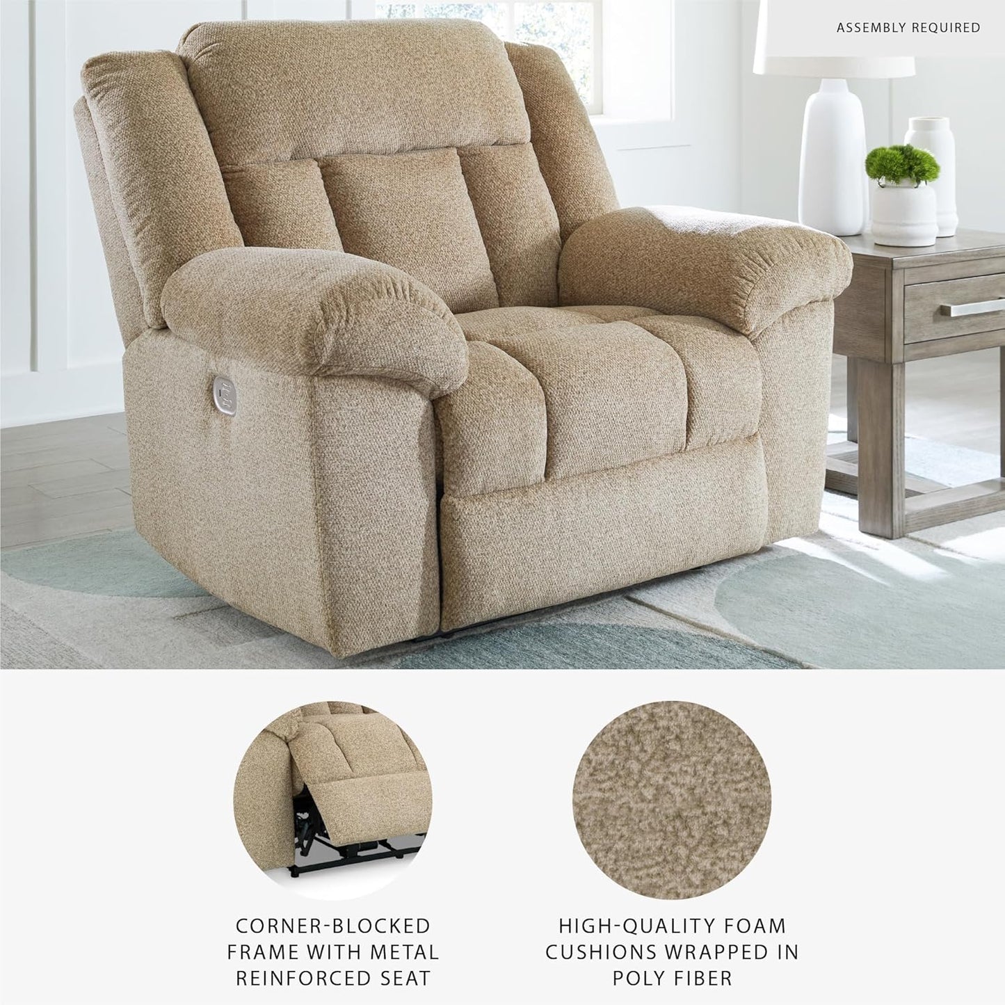 Signature Design by Ashley Tip-Off Classic Wall Hugger Power Recliner with Adjustable Headrest and USB Ports, Light Brown