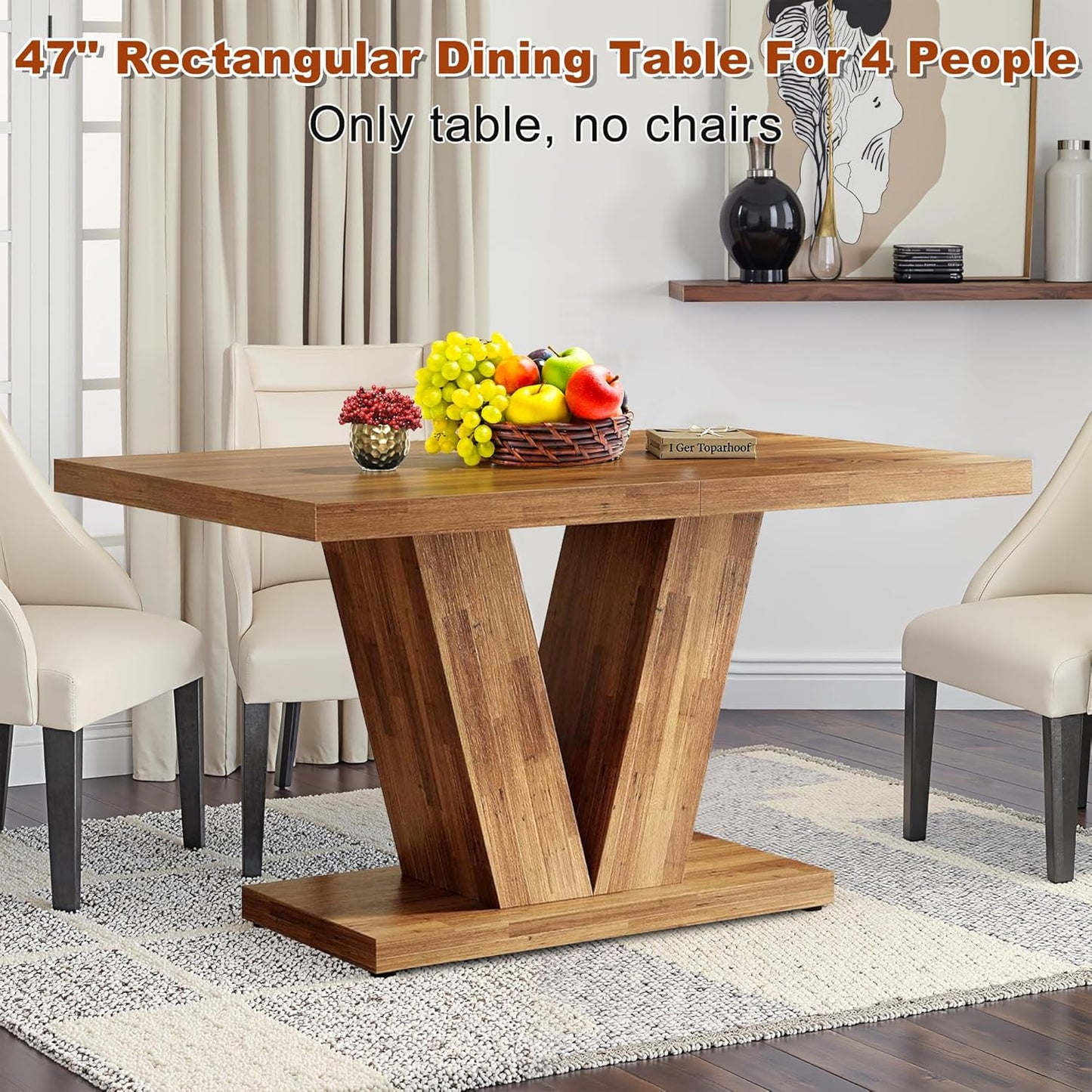 47 Inch Dining Table for 4, Farmhouse Dinner Table Wooden Kitchen Tables with Heavy Duty Pedestal for Dining Room, Kitchen, Living Room, Walnut Brown