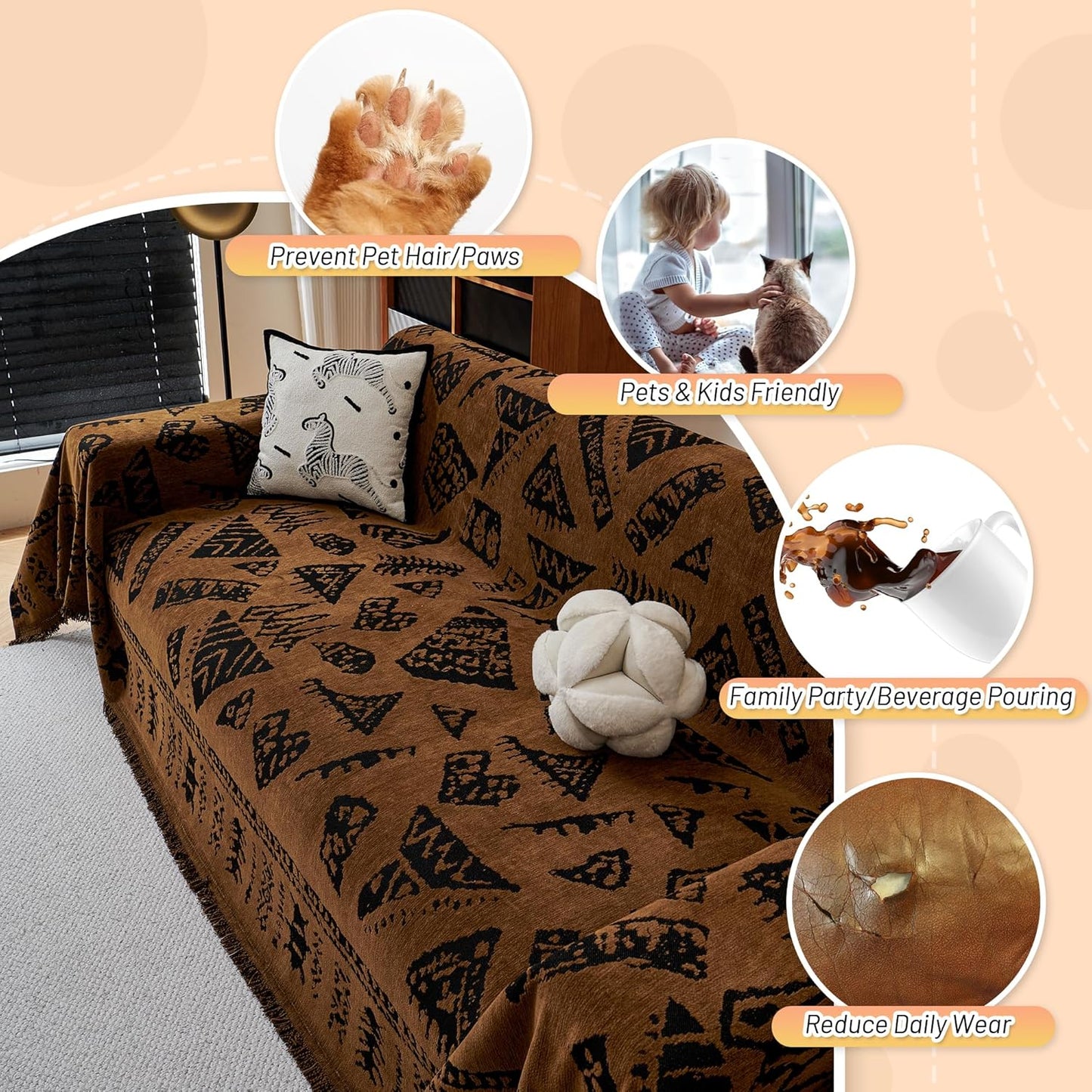 MYSKY HOME Boho Couch Cover Sofa Covers, Couch Covers for 2-3 Cushion Couch Sofa, Chenille L Shape Sectional Couch Cover- Pet-Friendly, Machine Washable, Sofa Protector for Kid, 71"x118", Coffee