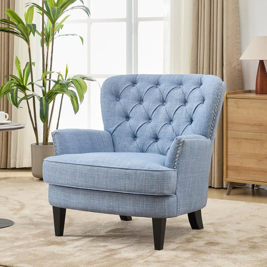 Ball & Cast Accent Chair,Mid-Century Lounge Living Room Chairs with Button Tufting,Upholstered Reading Accent Chair W/Solid Wood Legs and Curved Backrest,for Bedroom,Apartment,Light Blue
