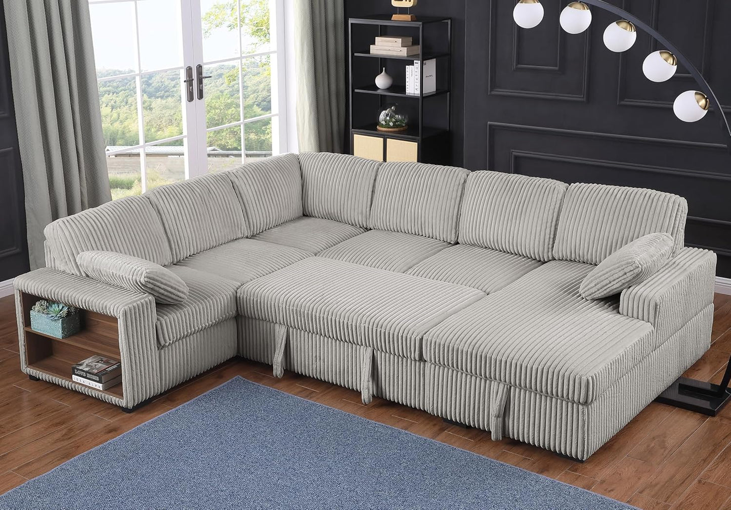 Eafurn Oversized U Shaped Convertible Sleeper Sectional Sofa w/Pull Out Couch Bed, 6 Seater Corduroy Upholstered Corner Lounge Sofa Couch Sleeper Sofabed w/Storage Chaise,Shelves