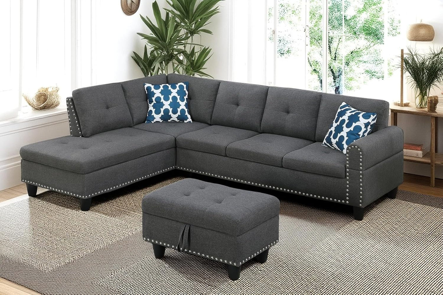 98 Inch L Shaped Sectional Sofa with Chaise Lounge, Storage Ottoman and 2 Pillows, 4-Seaters Linen Upholstered Tufted Couch w/Cupholder & Nailhead Trim for Living Room, Office, Dark Gray