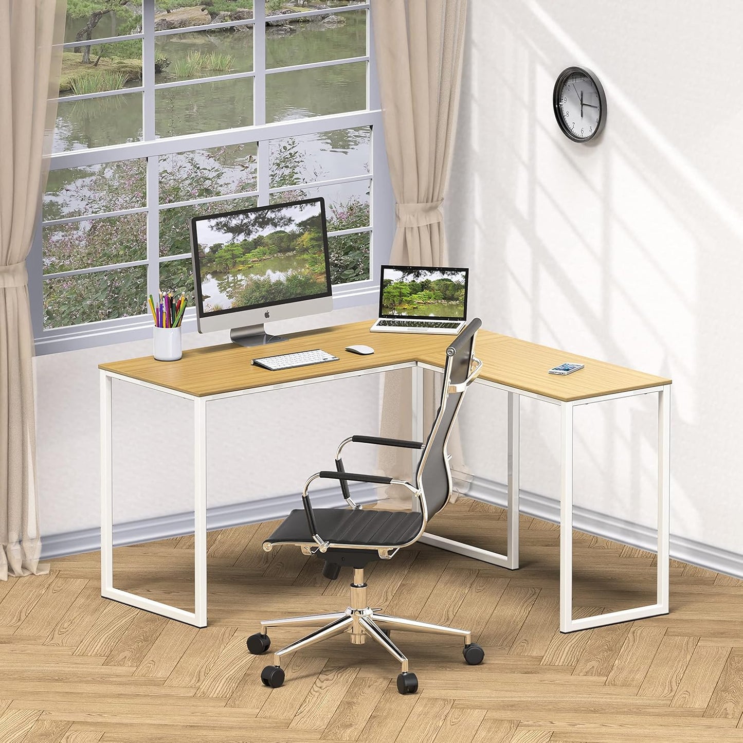 SHW Mission 48 x 48 Inches L-Shape Home Office Computer Desk, Oak
