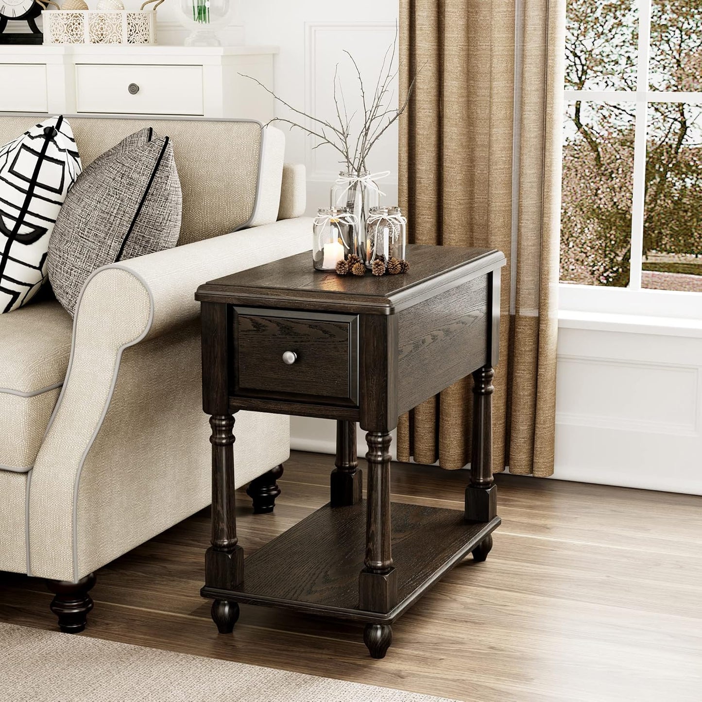 Narrow End Table with Drawer and Open Storage Shelf, Solid Wood Sofa Side Table for Living Room, Beside Table,Telephone Table for Small Spaces, No-Tools Assembly Vintage Black BBJ004BK