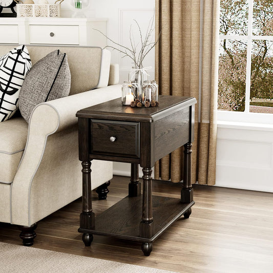 Narrow End Table with Drawer and Open Storage Shelf, Solid Wood Sofa Side Table for Living Room, Beside Table,Telephone Table for Small Spaces, No-Tools Assembly Vintage Black BBJ004BK