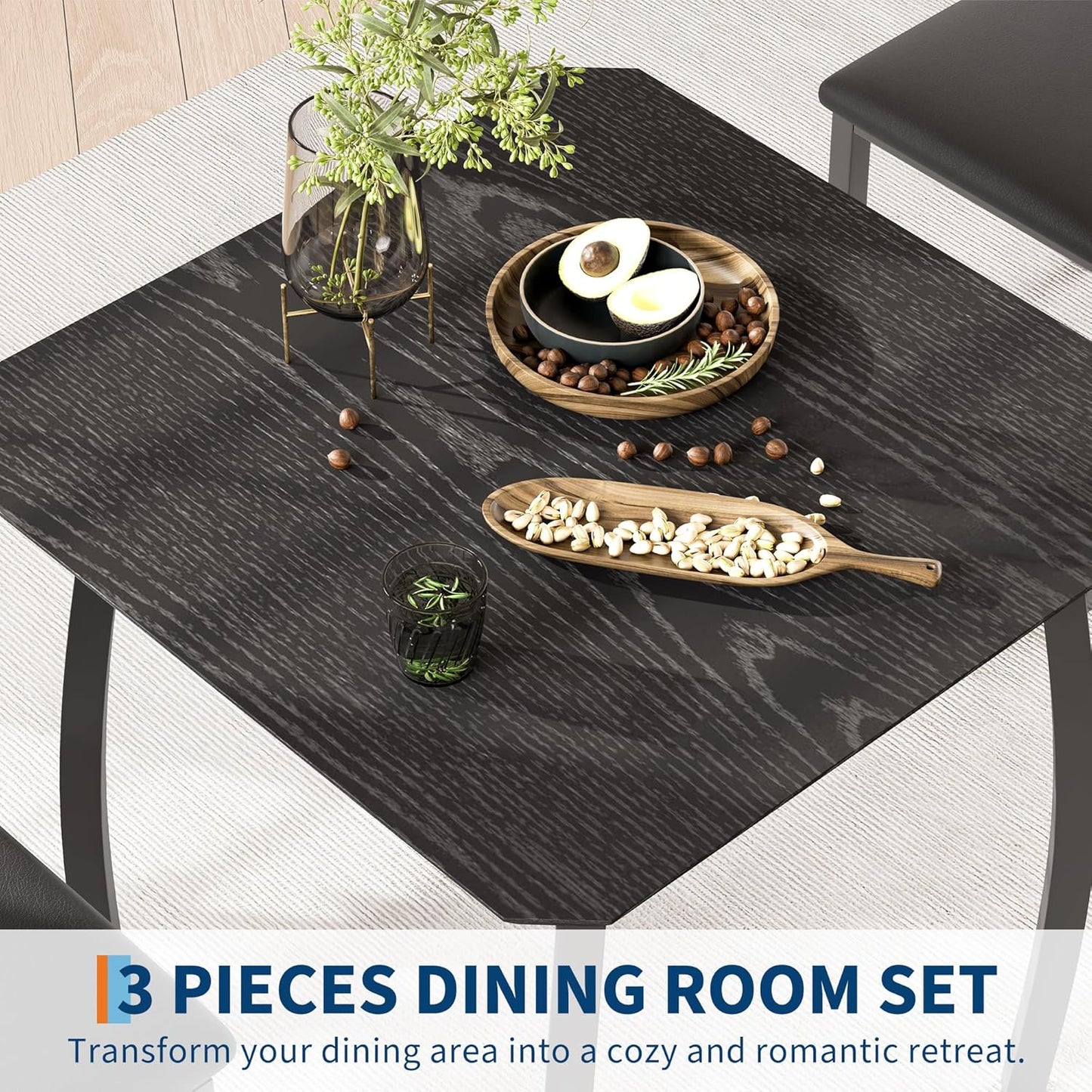 Small Dining Table Set for 2,3-Piece Kitchen Table Set with Thick Wood Grain Tabletop & 2 Upholstered Chairs & Metal Frame, Compact Table Set for Small Spaces, Kitchens & Dining Rooms (Black)