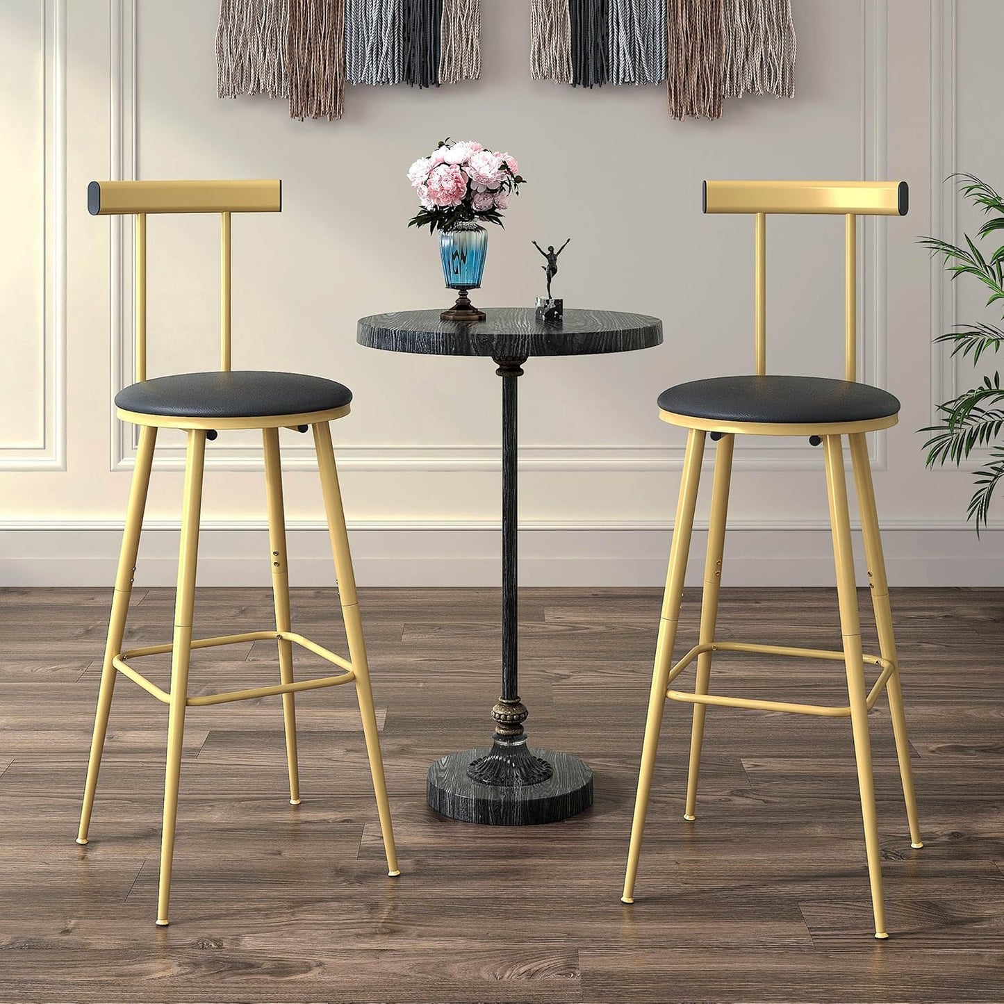 Bar Stools, Set of 2 High Kitchen Barstools, Bar Chairs with Backrest and Footrest, Industrial Counter Stools with PU Soft seat, for Kitchen, Living Room, Pub, Gold Color BS-012GC