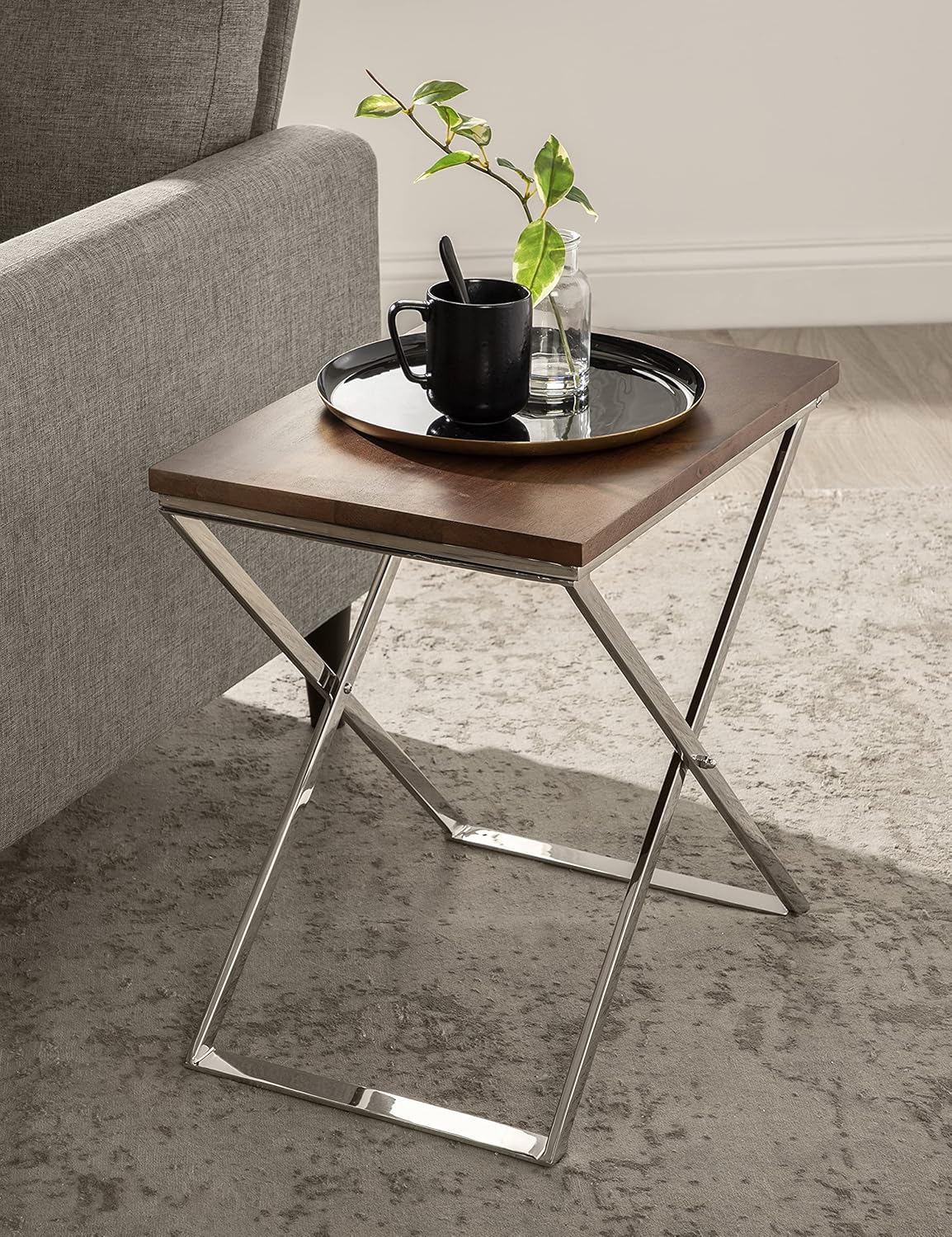 Kate and Laurel Laraway Modern Side Table, 21 x 15 x 21, Walnut Brown and Silver, Metal End Table with Solid Wood Tabletop and Foldable Frame
