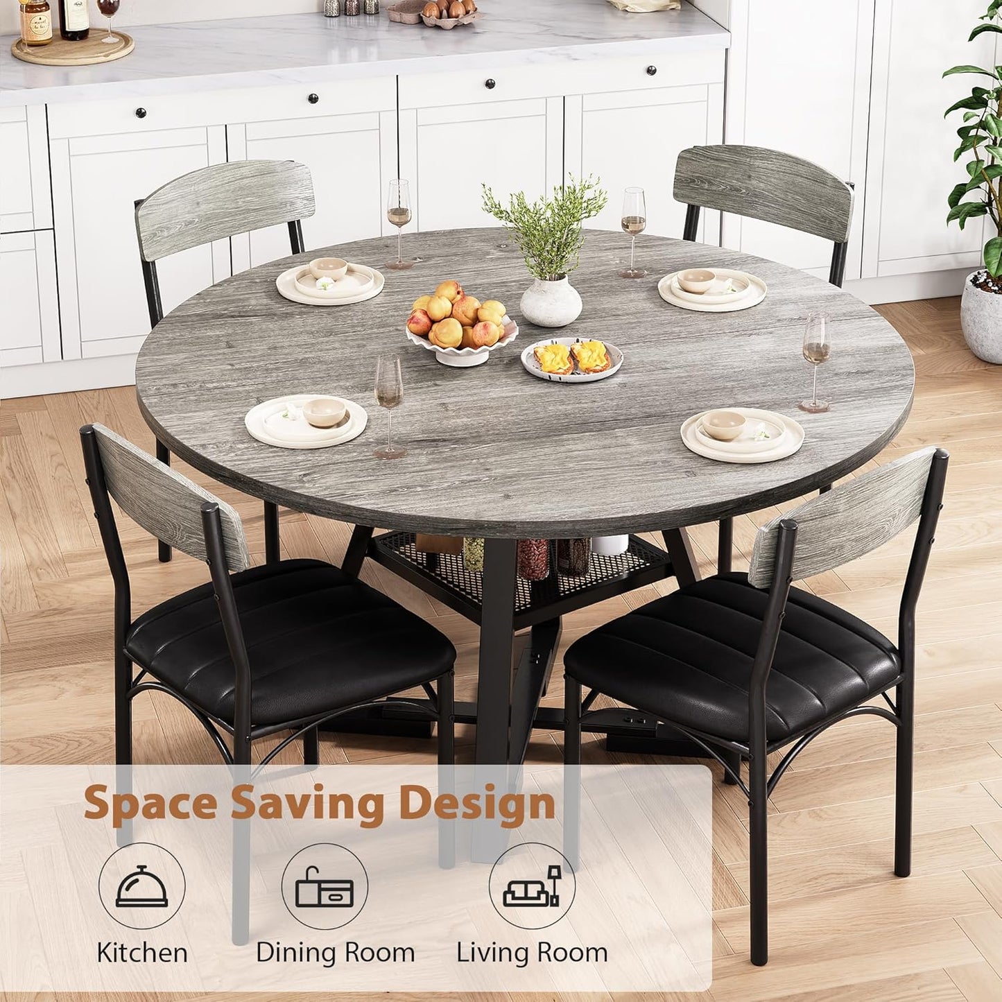 Round Dining Table Set for 4, Kitchen Table and Chairs for 4, Circle Table Round Pedestal Dining Room Dinner Dinette Table Set,5 Piece Space Saving Wood Kitchen & Dining Room Tables (Grey, 47In)