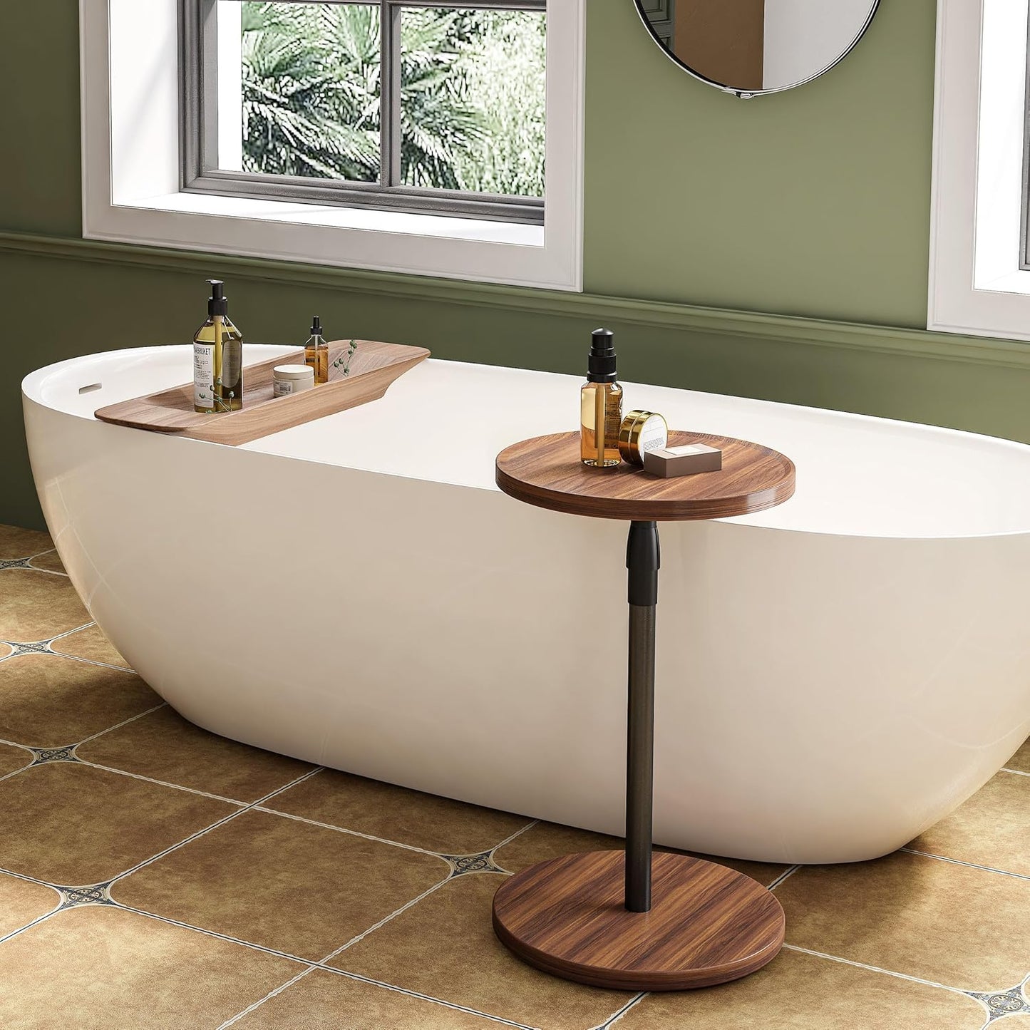 Adjustable End Table, Small Round Side Table, Drink Table for Small Spaces, Pedestal Nightstand for Living Room, Bedroom, Sofa Couch, Brown ET-010BR