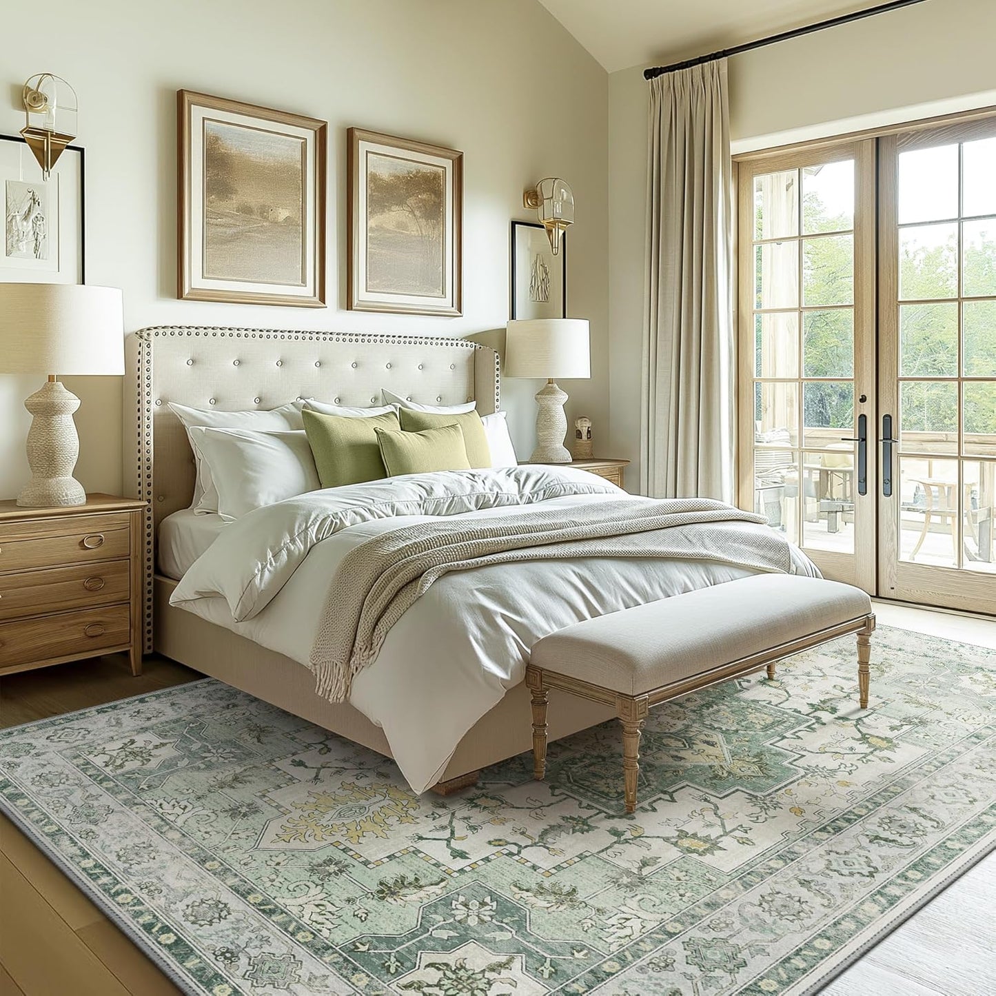 GENIMO 10x12 Area Rugs for Living Room, Machine Washable Non Slip Vintage Rugs, Low Pile Lightweight Chenille Print Rug for Bedroom, Dining Room, Home Office, Green