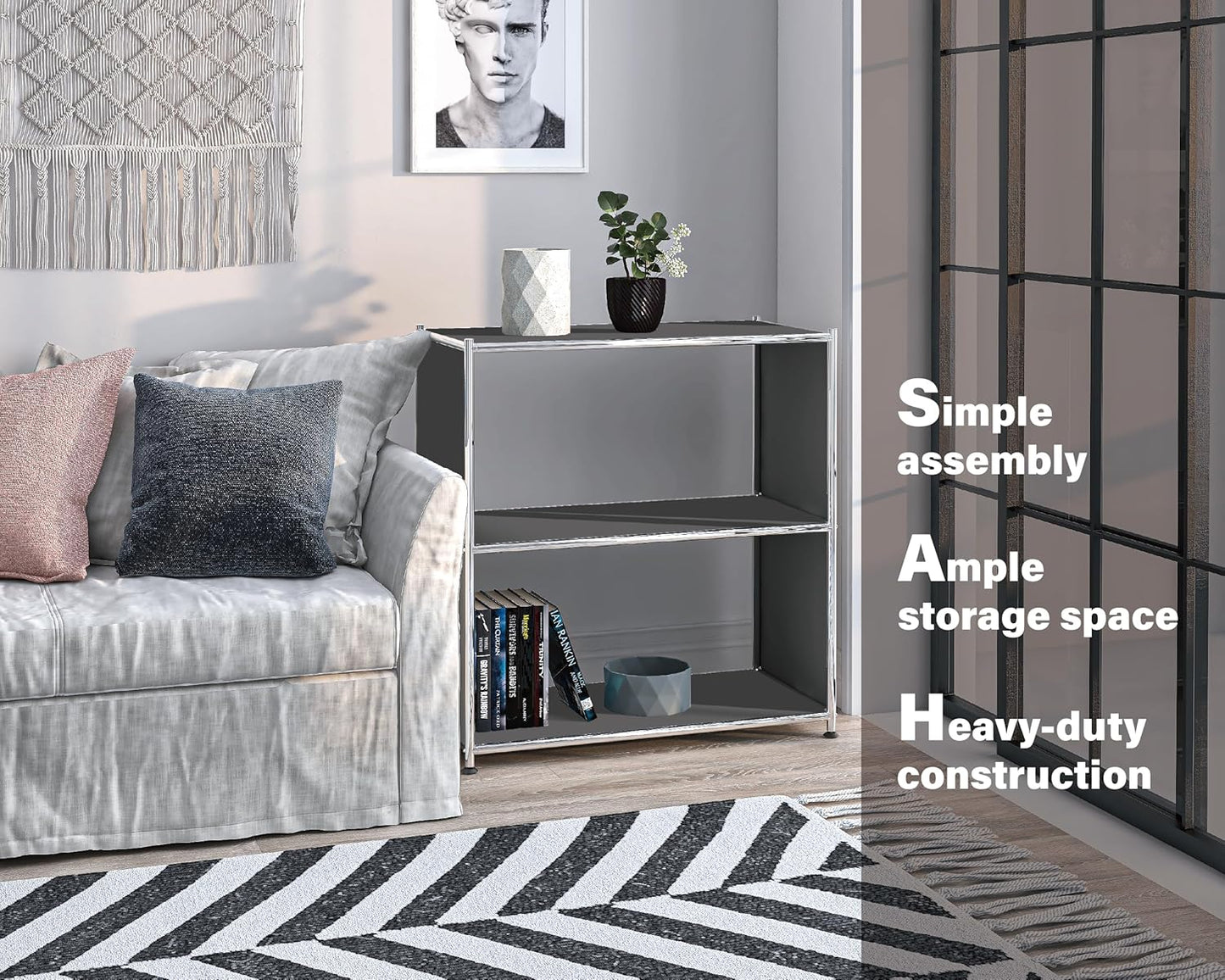 32-Inch 2-Tier Metal Bookcase, Open Shelf Storage Organizer for Living Room, Bedroom, Side Table or Nightstand Use, Modern DIY Assembly, Grey