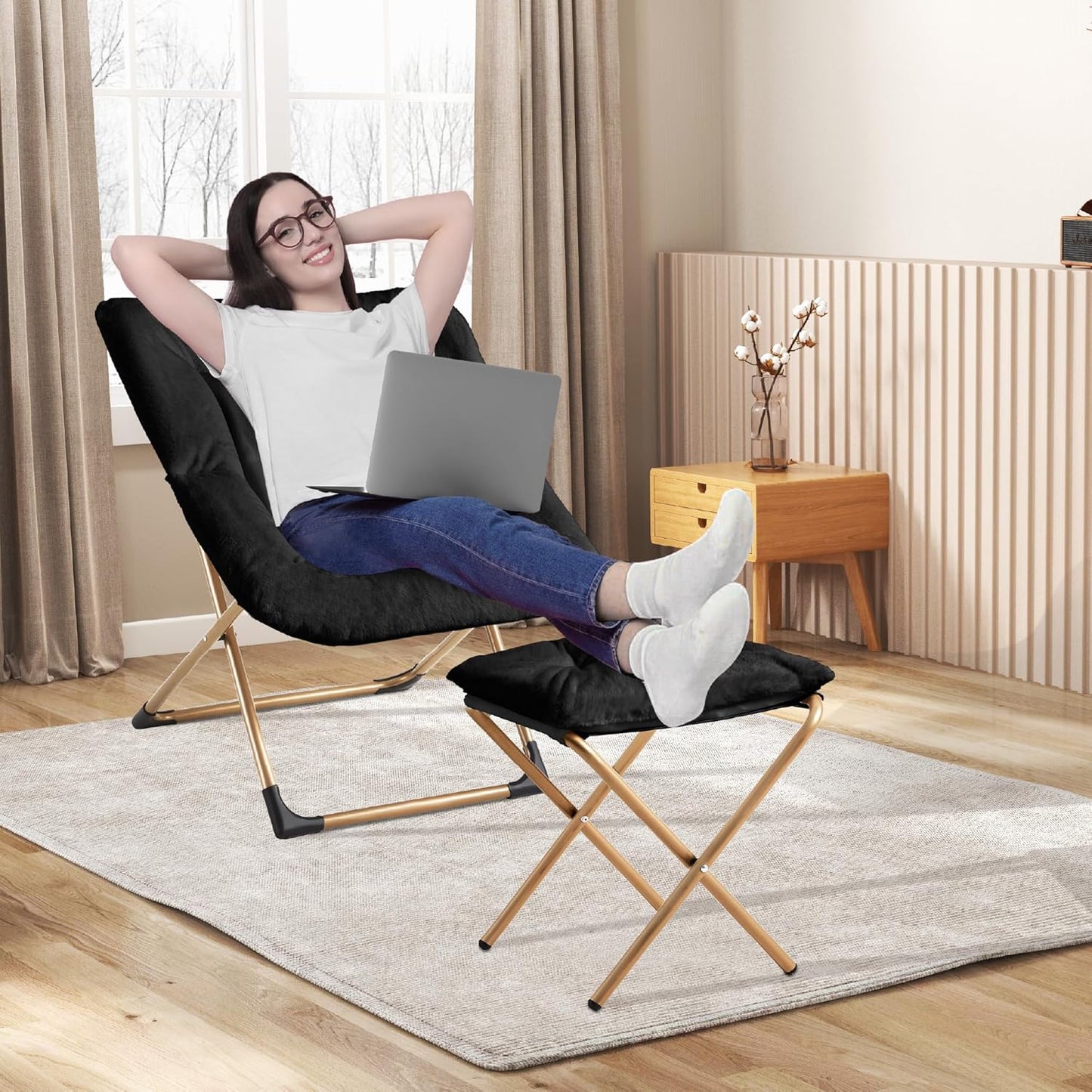 Comfy Oversized Saucer Chair with Ottoman,Soft Faux Fur Reading Lounge Chair for Adults,Stable X-Large Metal Frame and Non-Slip Pad,Cozy Chair for Bedroom, Living Room, Dorm, Office, Black