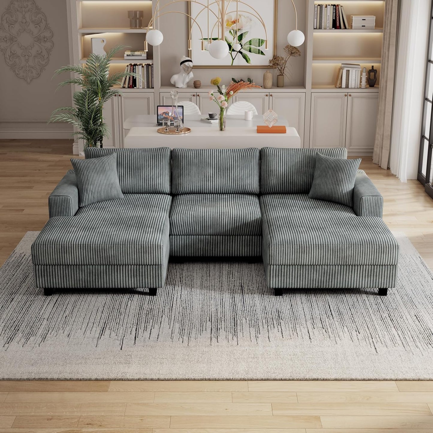 99" Symmetrical U Shaped Reversible Modular Sectional Sofa, Convertible Sofa Lounger Couch with Double Chaise Lounge and Thickness Cushions, Extra Wide Seat Couch w/Headrest