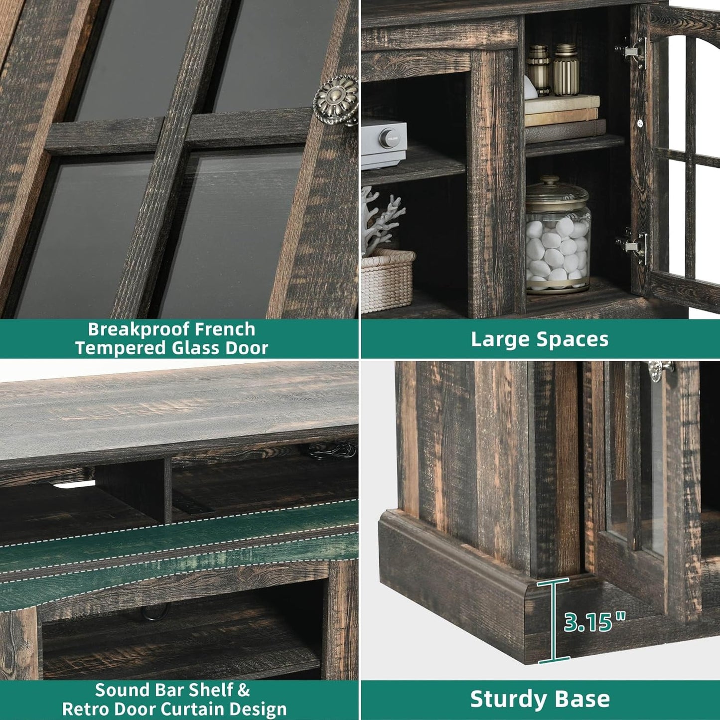 YITAHOME LED Farmhouse TV Stand for 65 Inch w/Outlets, Modern Entertainment Center with Glass Doors and Adjustable Storage Shelves, Media Console TV Cabinet for for Living Room, Dark Rustic Oak