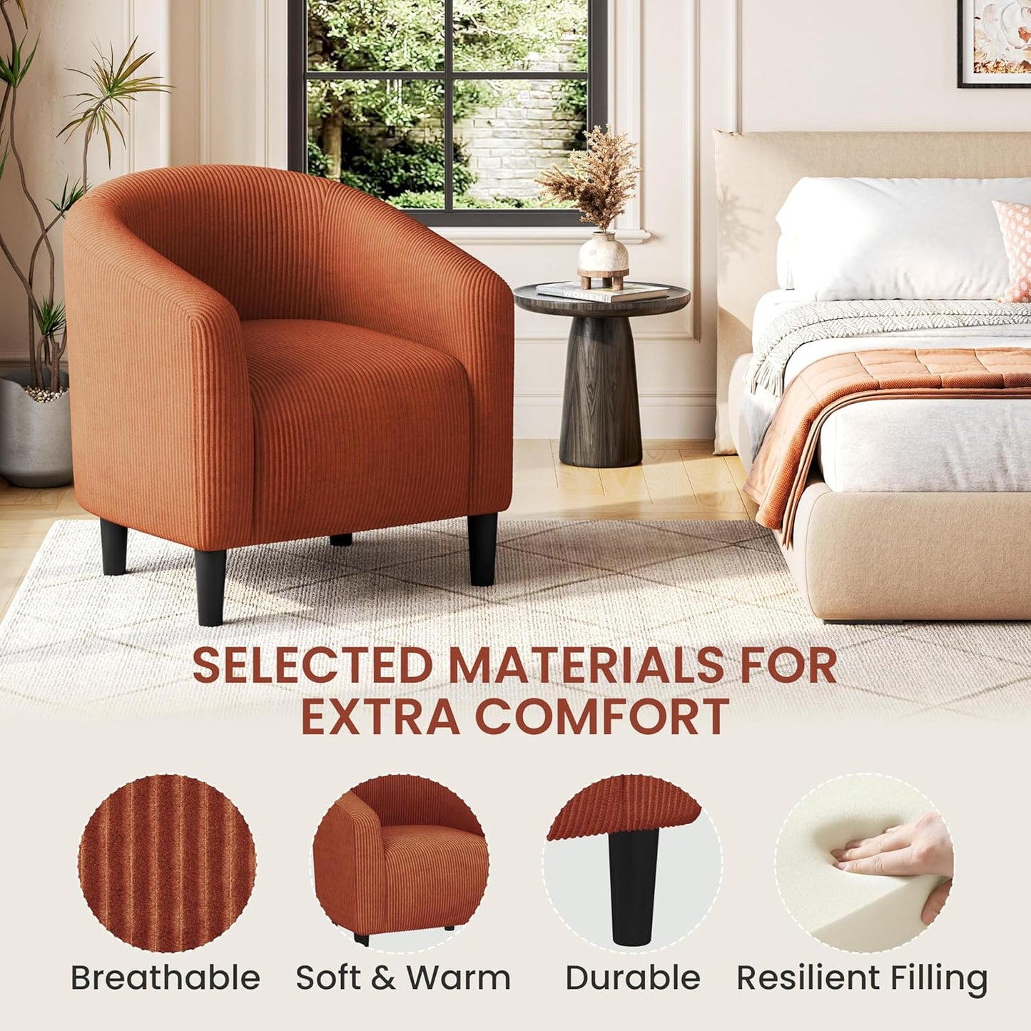 Yaheetech Accent Barrel Chair, Corduroy Fabric Club Chair, Furry Sherpa Elegant Armchair with Cozy Soft Padded, Suitable for Living Room Bedroom Reception Room Office, Brick Red