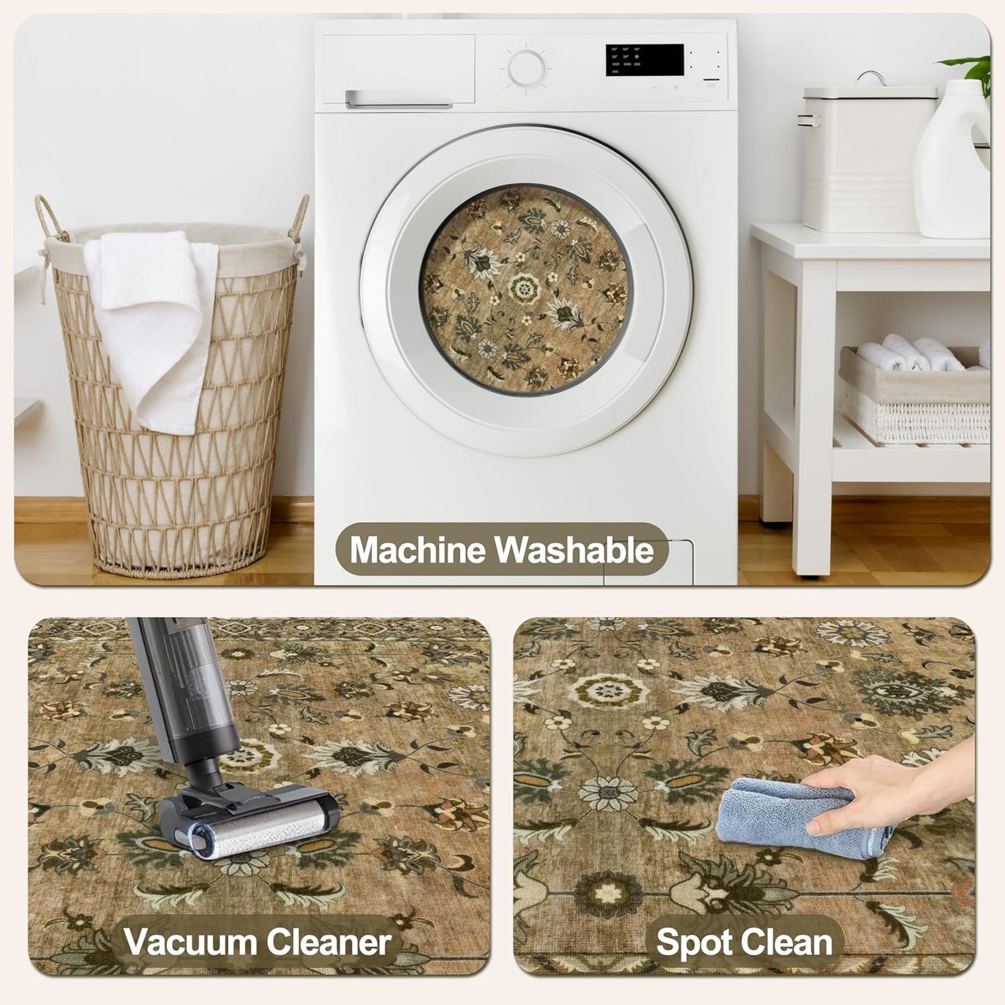 Tangsoo 4x6 Floral Vintage Rug for Living Room, Washable Vintage Area Rug Indoor, Non Slip Brown Rug for Dining Room, Soft Low Pile Rugs, Print Foldable Carpet for Dorm Living Room Bedroom